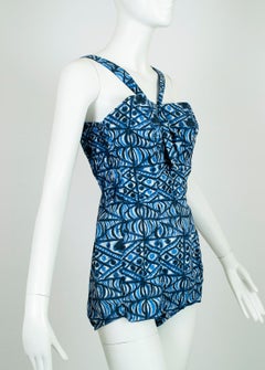 Jantzen Diving Girl Backless Blue Tiki Play Suit Swimsuit Beach Romper– M, 1950s
