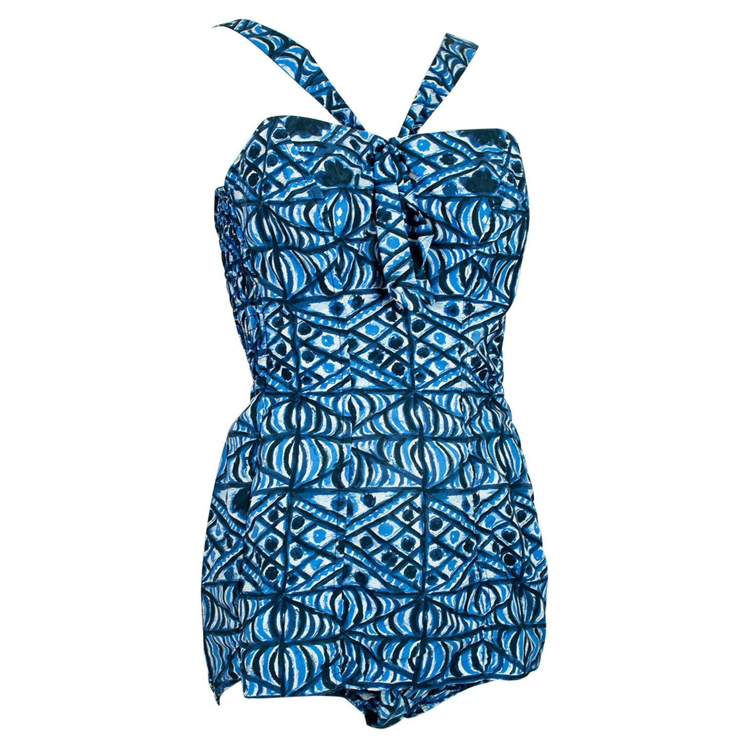 Jantzen Diving Girl Backless Blue Tiki Play Suit Swimsuit Beach Romper– M, 1950s
