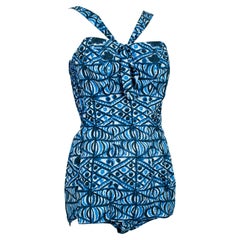 Used Jantzen Diving Girl Backless Blue Tiki Play Suit Swimsuit Beach Romper– M, 1950s