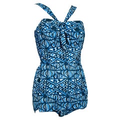 Vintage Jantzen Diving Girl Backless Blue Tiki Play Suit Swimsuit Beach Romper– M, 1950s