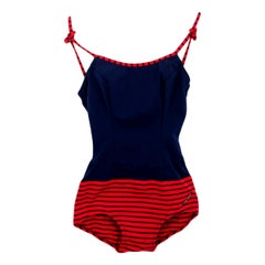 Retro Jantzen Red Blue Pinstripe Elastic Beachwear Swimsuit 1960s