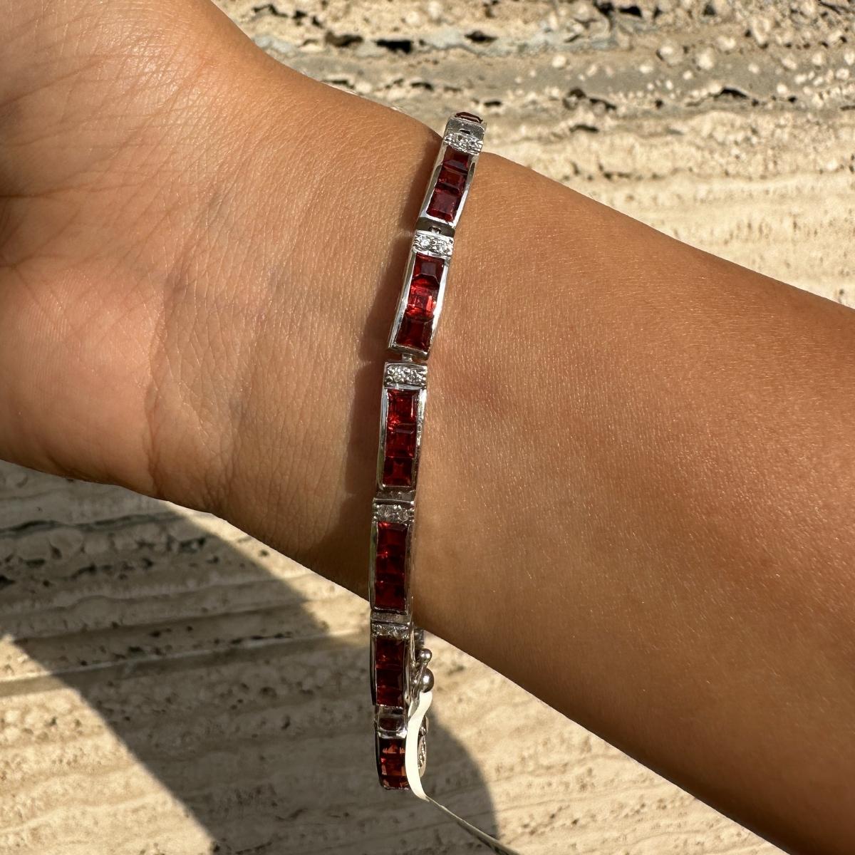 Square Cut January Birthstone Garnet and Diamond Bracelet Sterling Silver Jewelry for Her For Sale