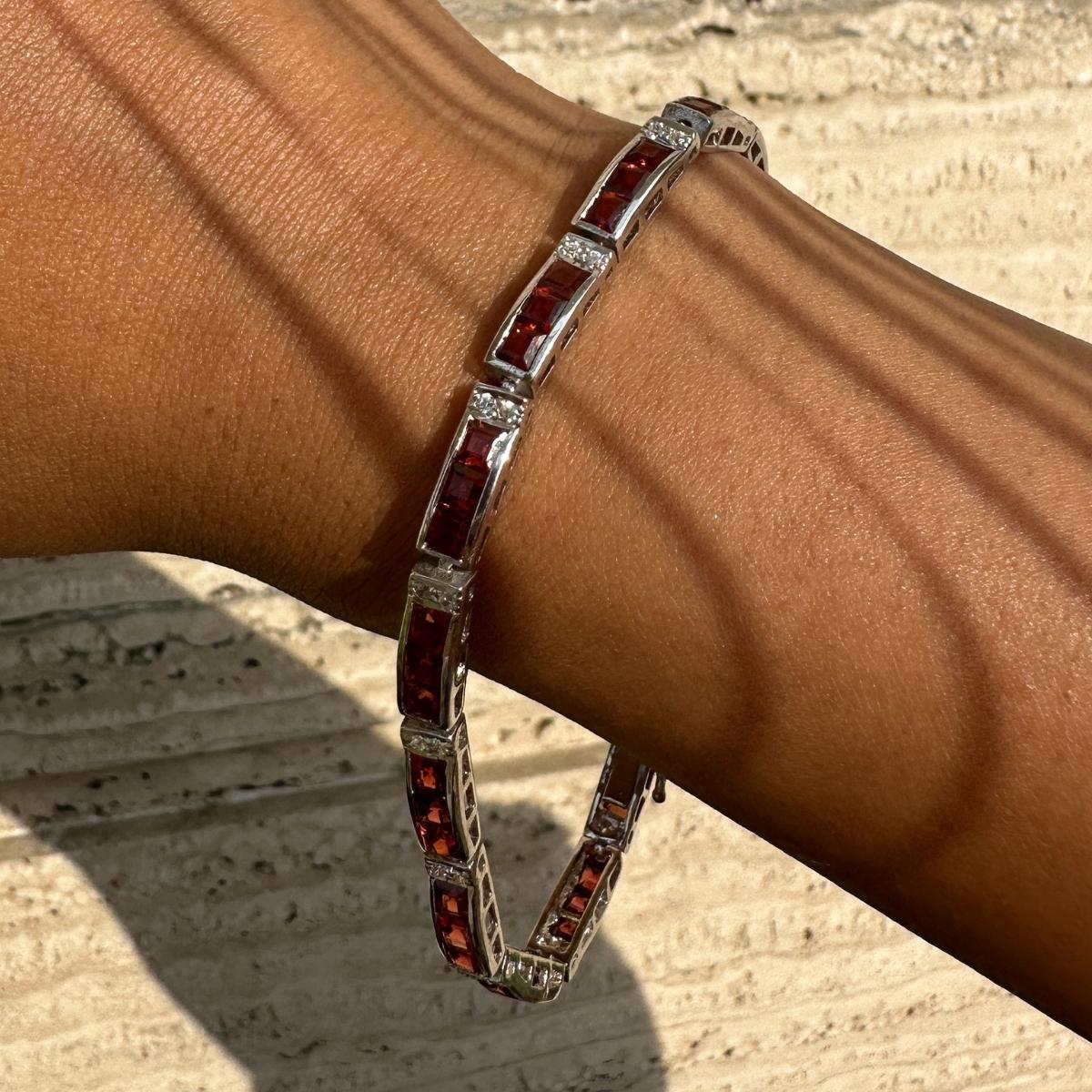 Women's January Birthstone Garnet and Diamond Bracelet Sterling Silver Jewelry for Her For Sale