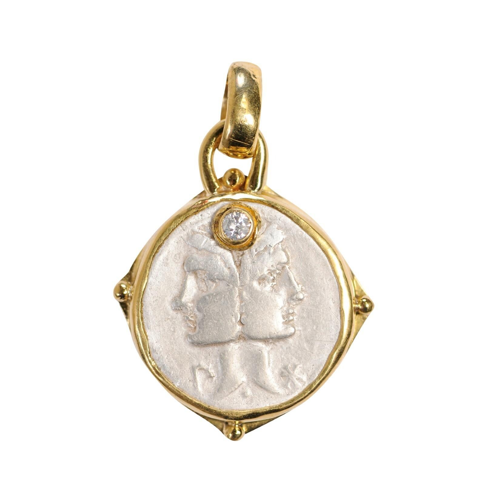 Janus Coin Pendant w/Diamond and 22k gold For Sale 6