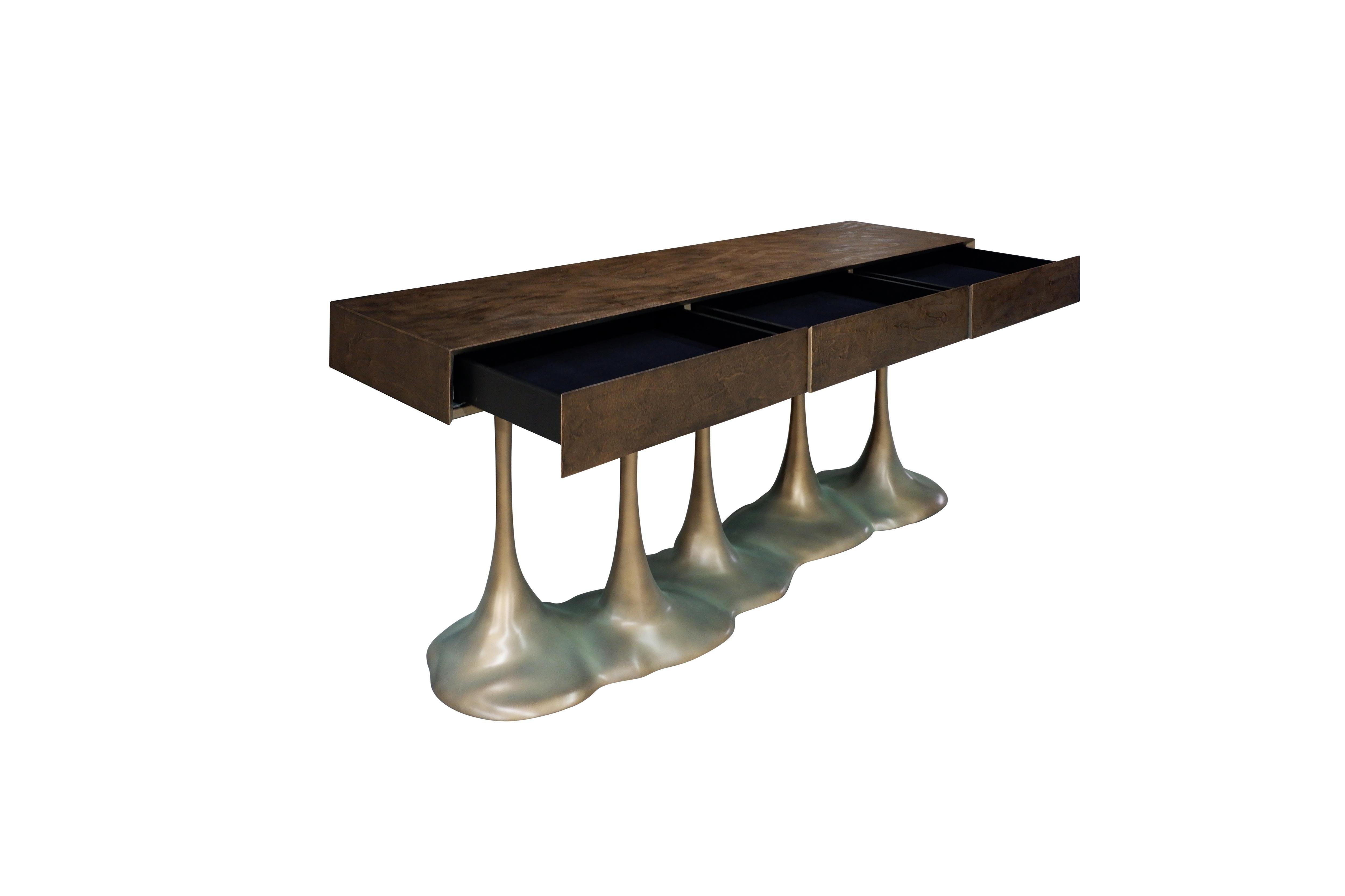 Janus Console With Textured Top And Gold Leaf Base For Sale 7