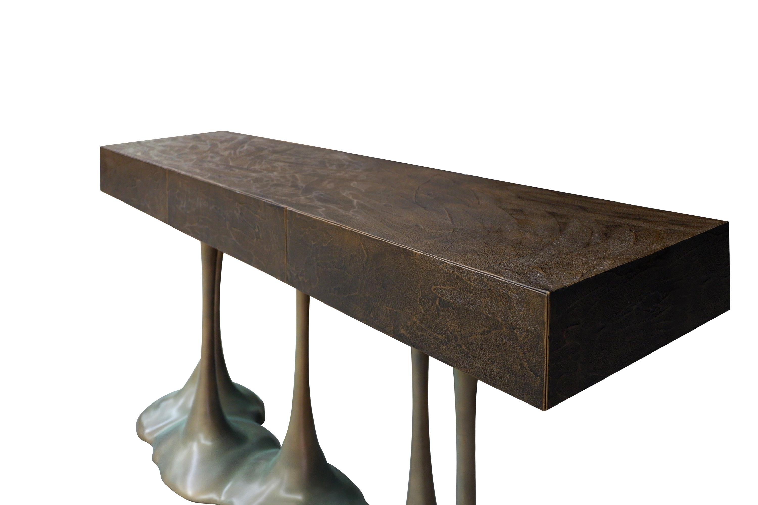 Janus Console With Textured Top And Gold Leaf Base For Sale 8