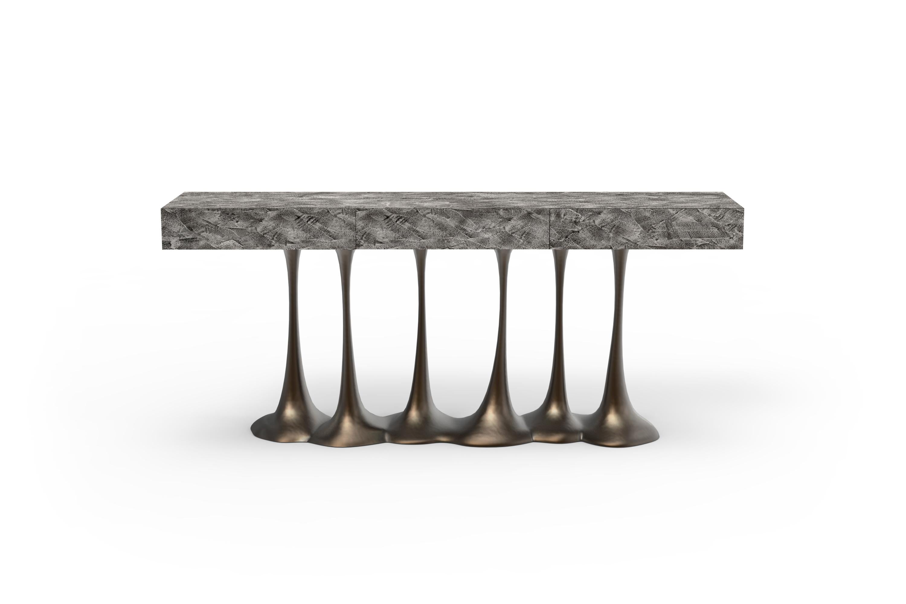 Contemporary Janus Console With Textured Top And Gold Leaf Base For Sale