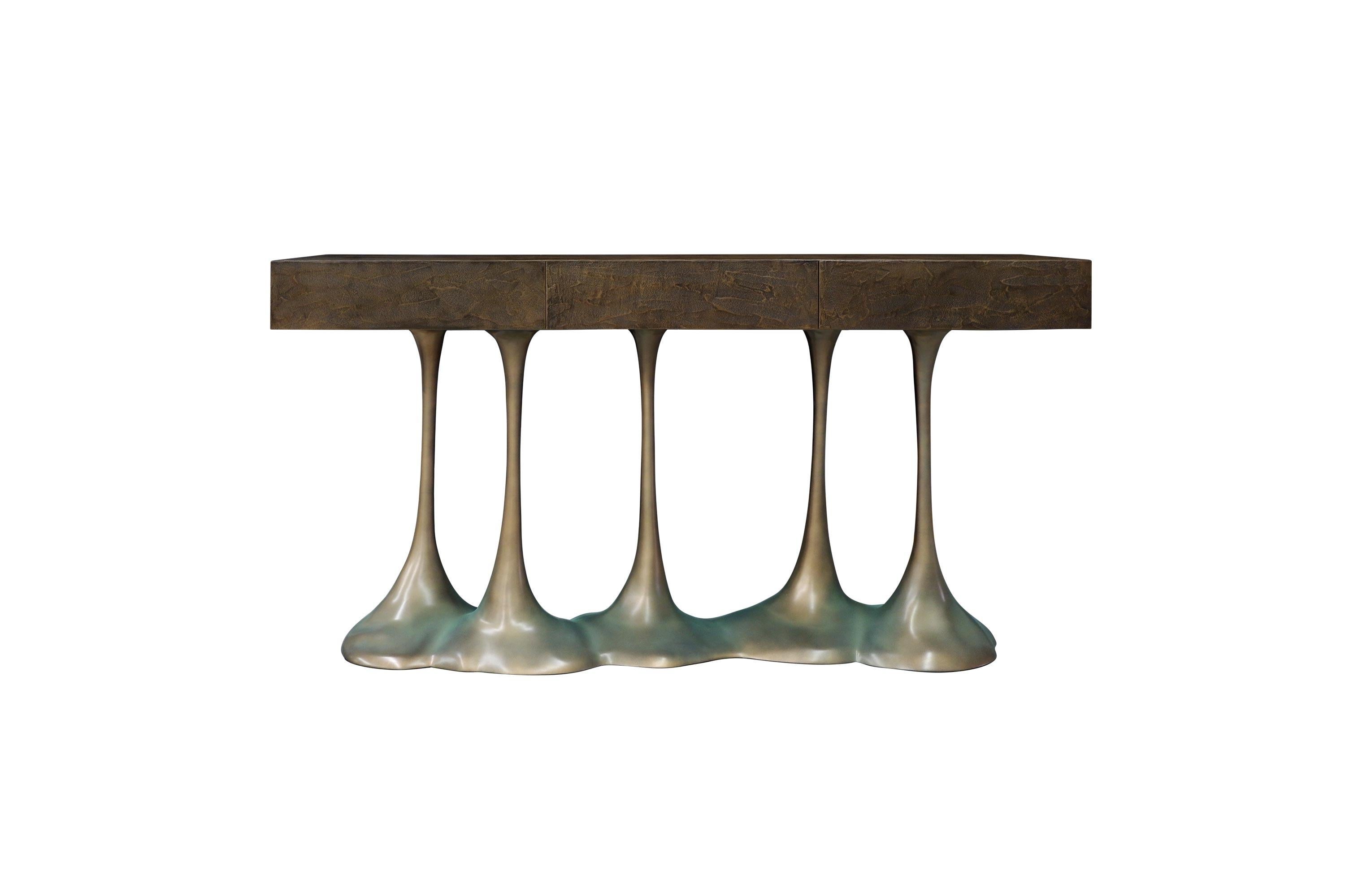 Janus Console With Textured Top And Gold Leaf Base For Sale 4