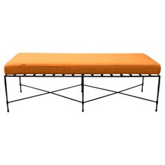 Janus Et Cie Contemporary Wrought Iron Bench with Orange Cushion