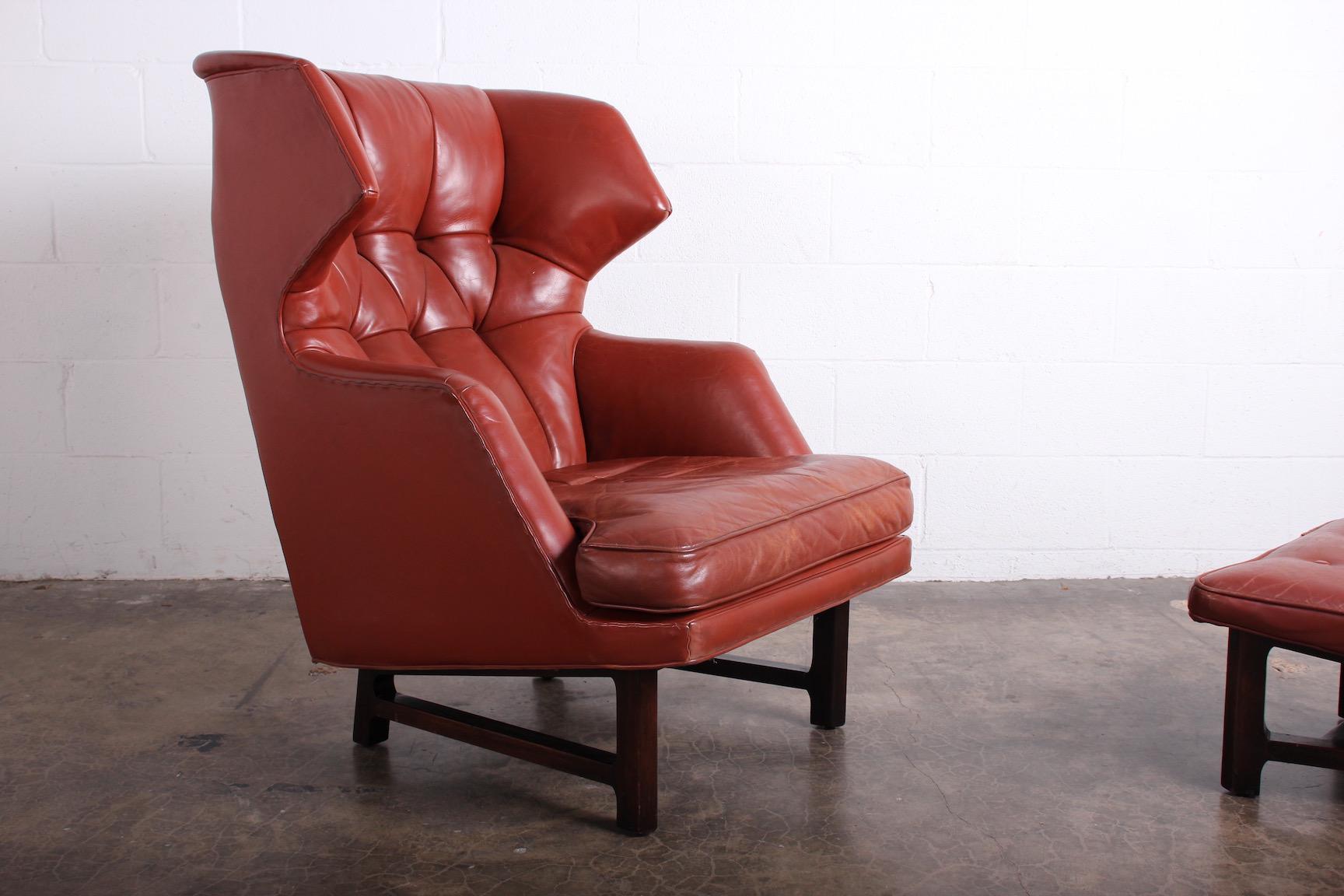 Janus Wing Chair and Ottoman by Edward Wormley for Dunbar in Original Leather 11