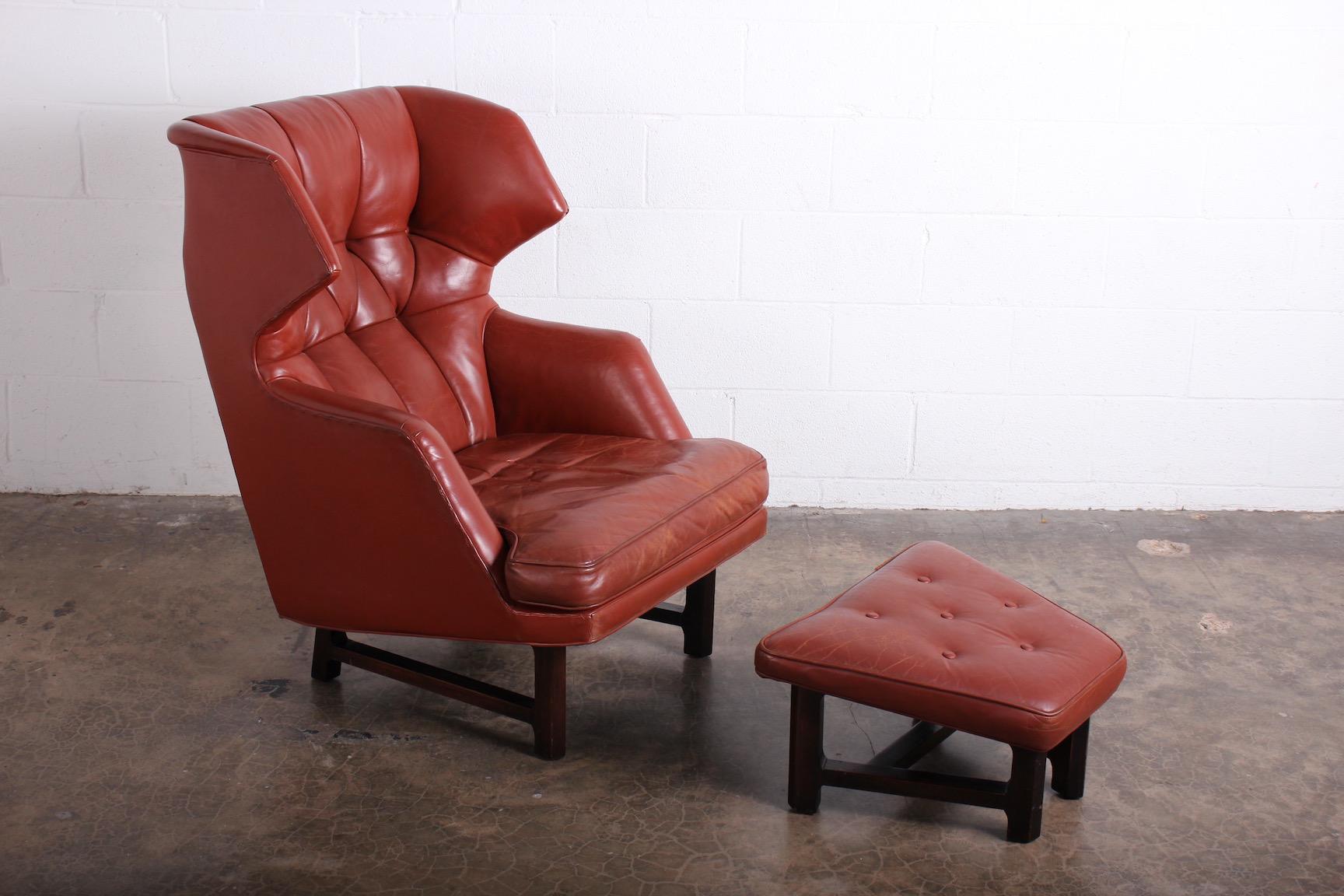 Mid-20th Century Janus Wing Chair and Ottoman by Edward Wormley for Dunbar in Original Leather