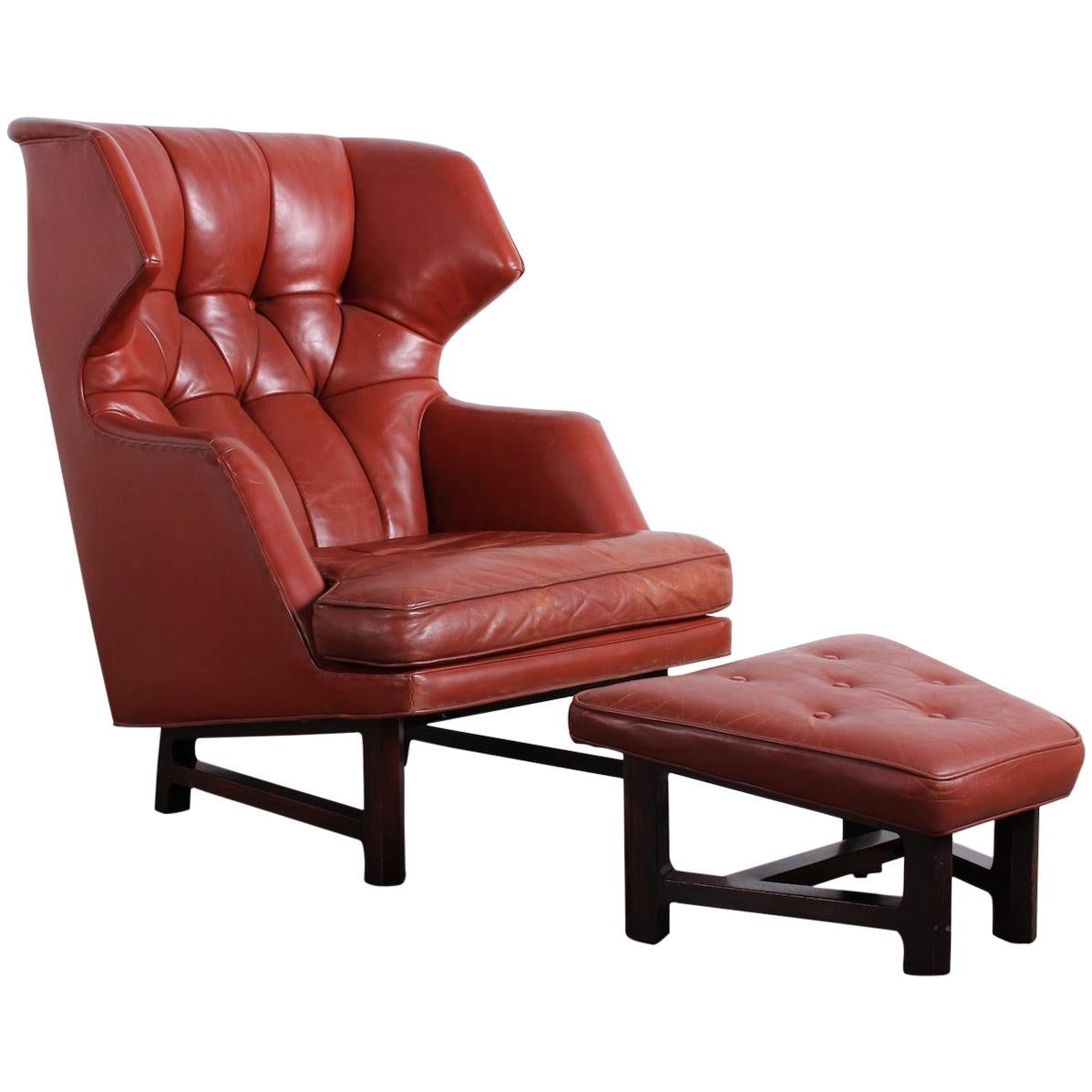 Janus Wing Chair and Ottoman by Edward Wormley for Dunbar in Original Leather