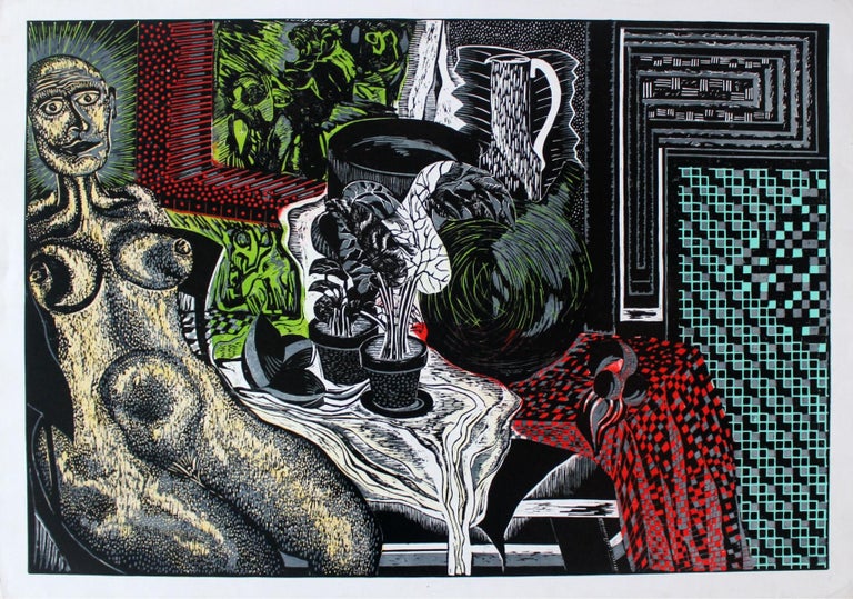 Untitled - 20th Century, Colorful Figurative Abstract Linocut - Print by Janusz Akermann