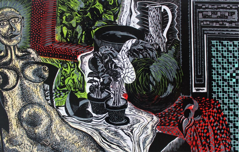 Untitled - 20th Century, Colorful Figurative Abstract Linocut - Expressionist Print by Janusz Akermann
