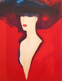"Elégante Femme Rouge au Chapeau Bleu (Elegant Red Woman in Blue Hat)" /// Litho