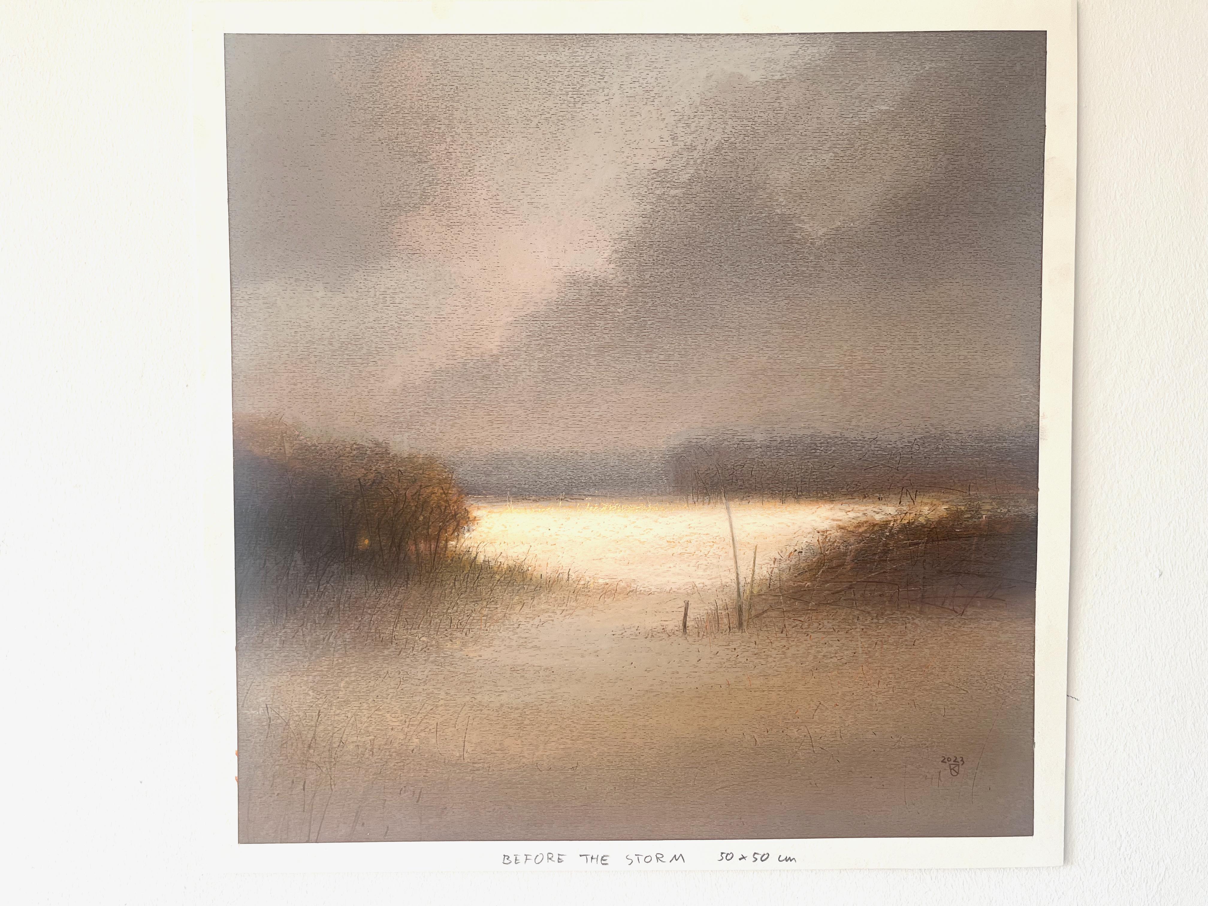 ANTES DE LA TORMENTA 2 - Pintura al óleo de naturaleza contemporánea, tonos cálidos, luz - Landscape Art Marrón de Janusz Kokot