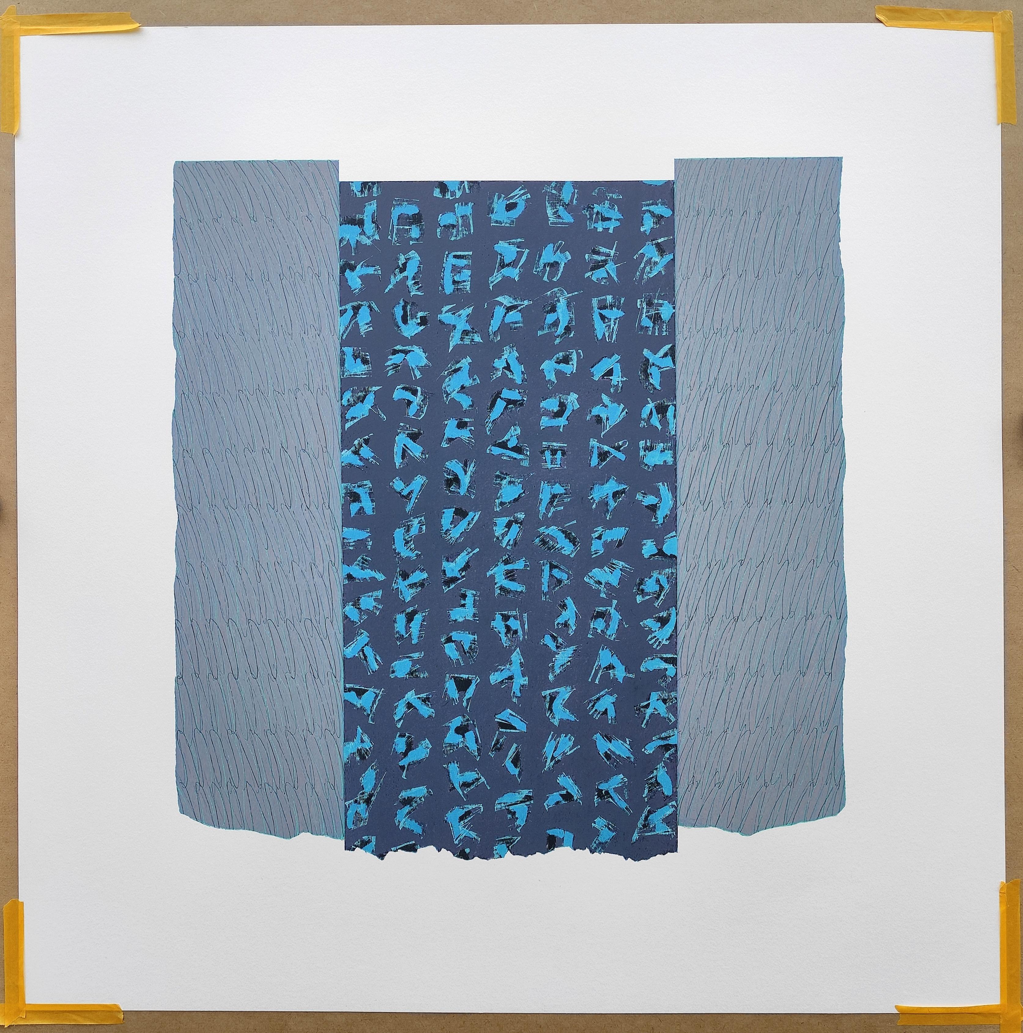 Blue Script - Peinture pastel à l'huile contemporaine abstraite et expressive - Art de Janusz Kokot
