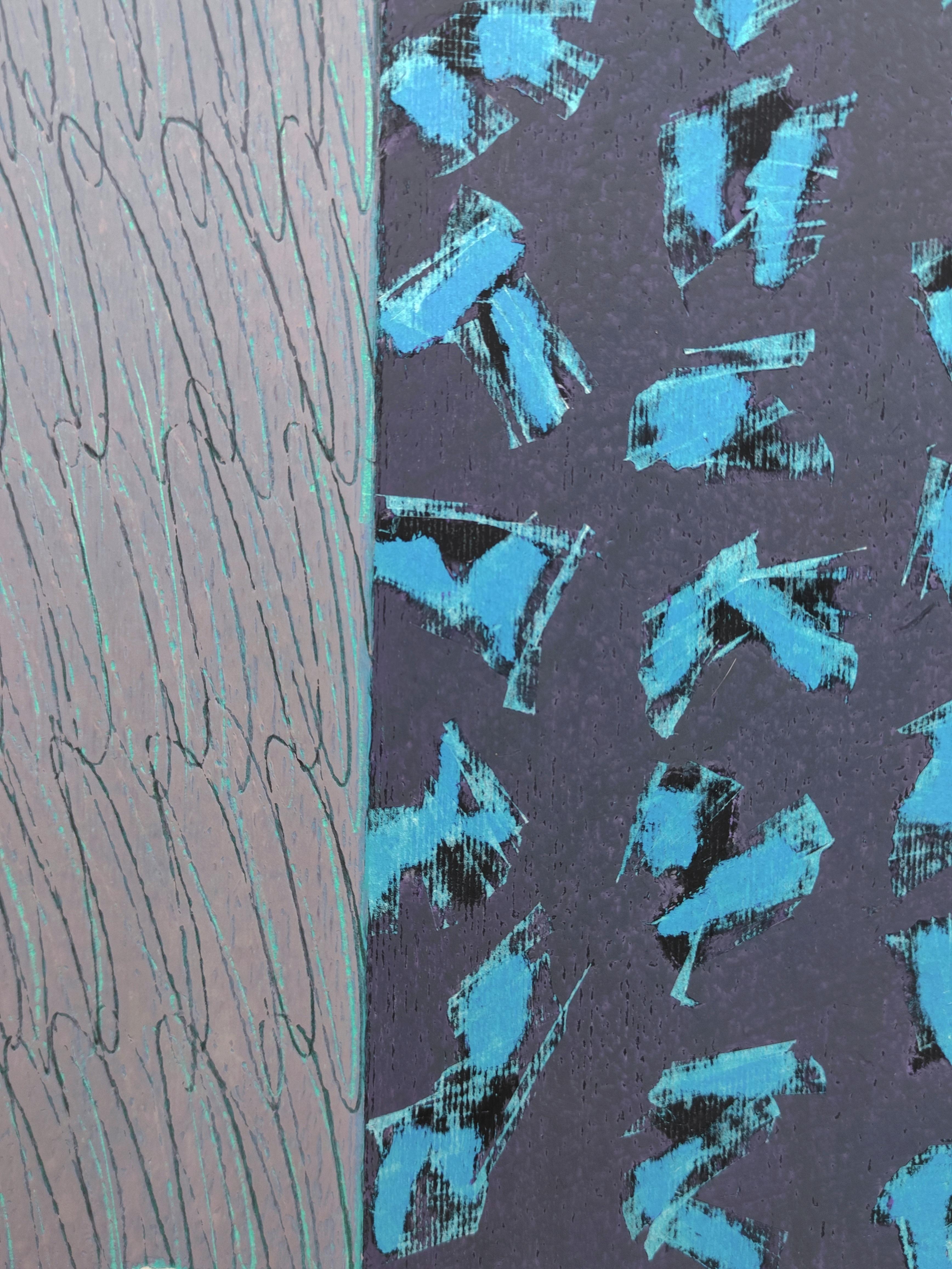 Blue Script - Zeitgenössische abstrakte expressive Ölpastellmalerei (Grau), Abstract Drawing, von Janusz Kokot