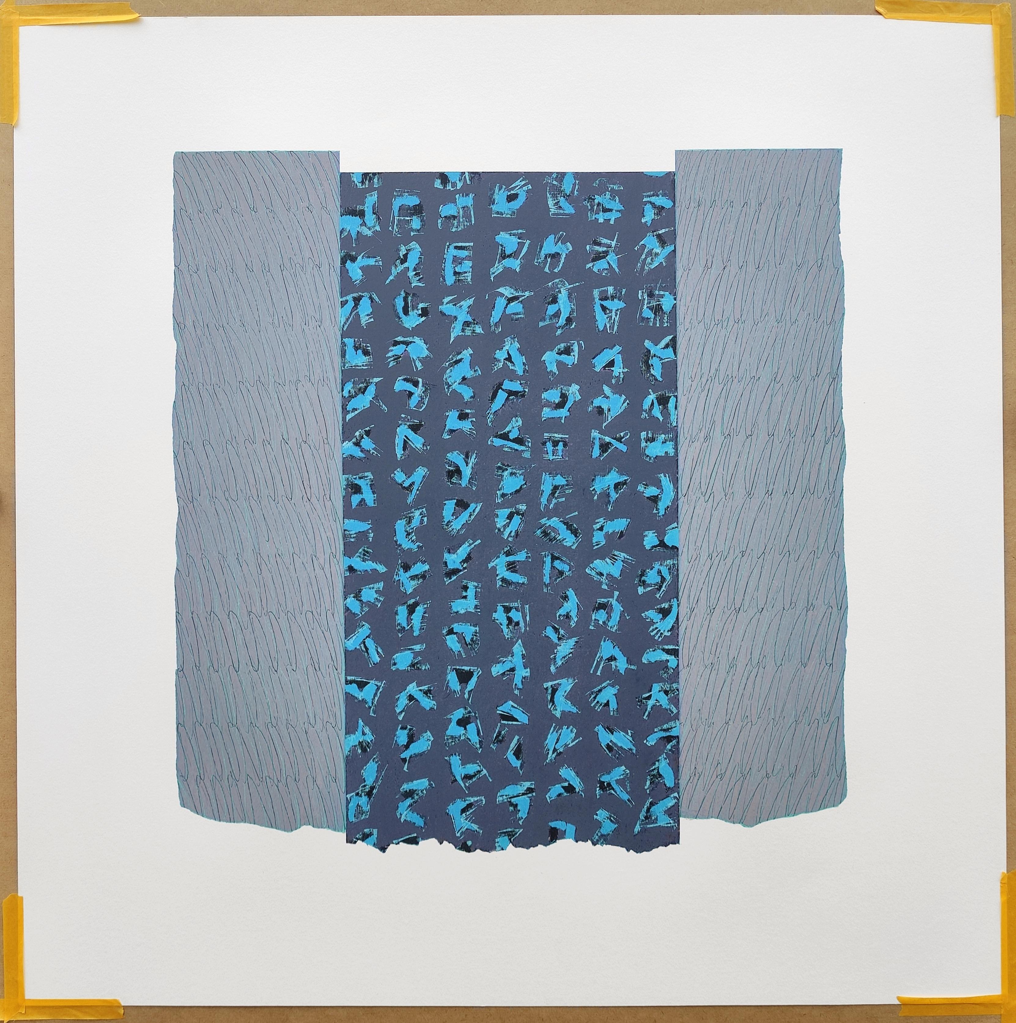 Blue Script - Peinture pastel à l'huile contemporaine abstraite et expressive en vente 1
