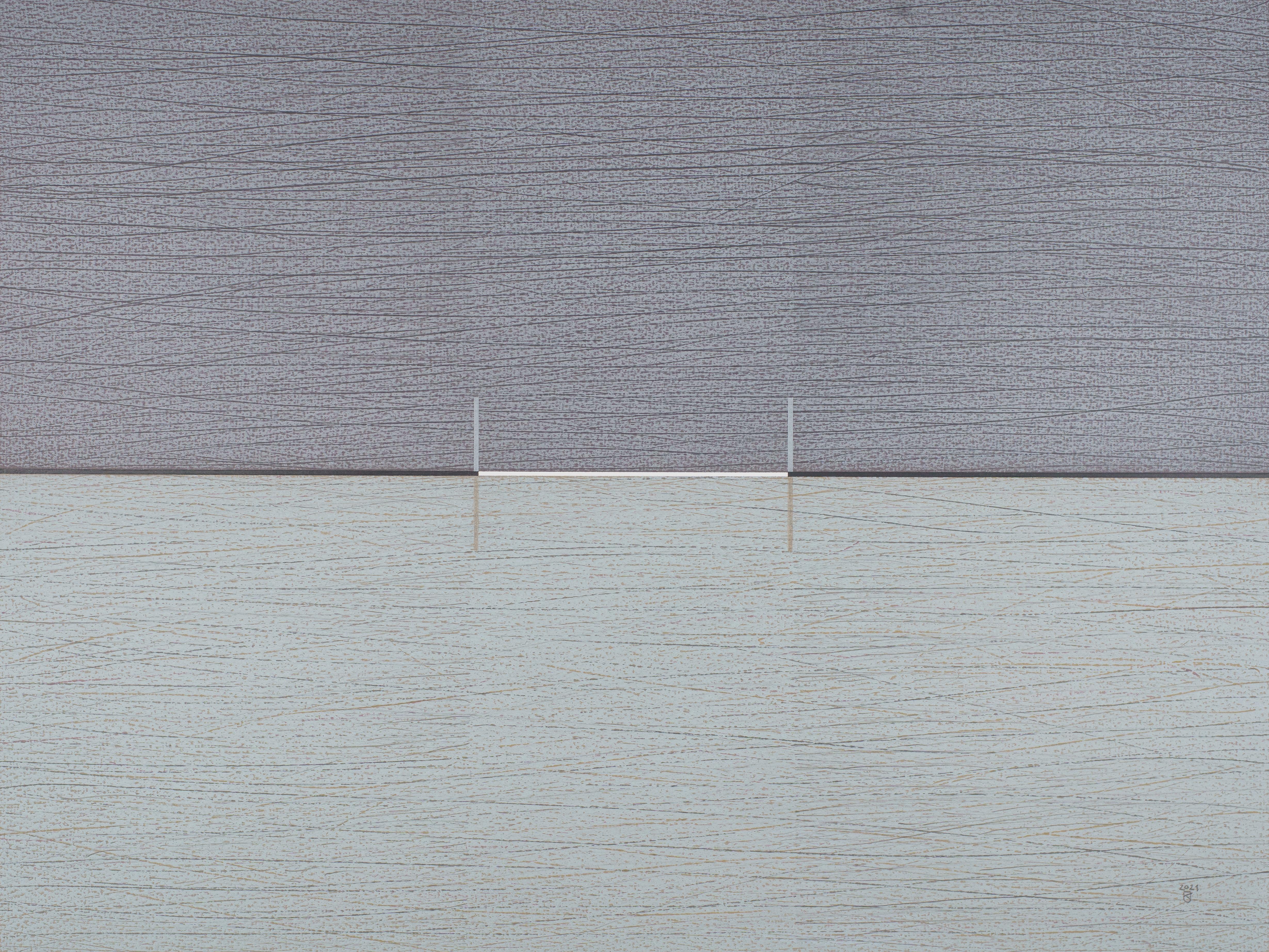 Komposition mit 4 Quadraten – zeitgenössisches minimalistisches Ölgemälde in Pastell, gerahmt