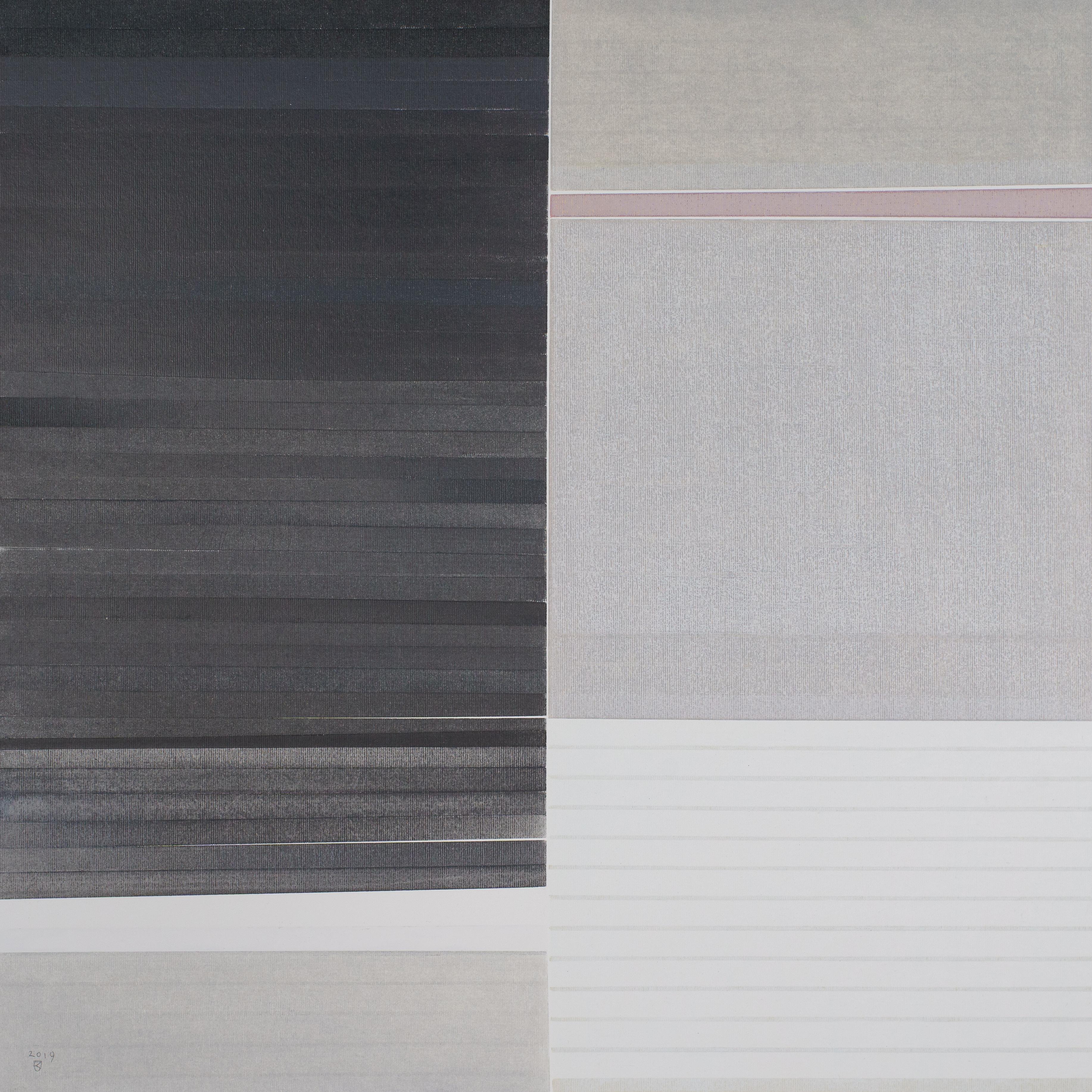 Janusz Kokot Abstract Drawing – Composition With a Pink Stripe 2 - Zeitgenössische abstrakte Ölpastellmalerei