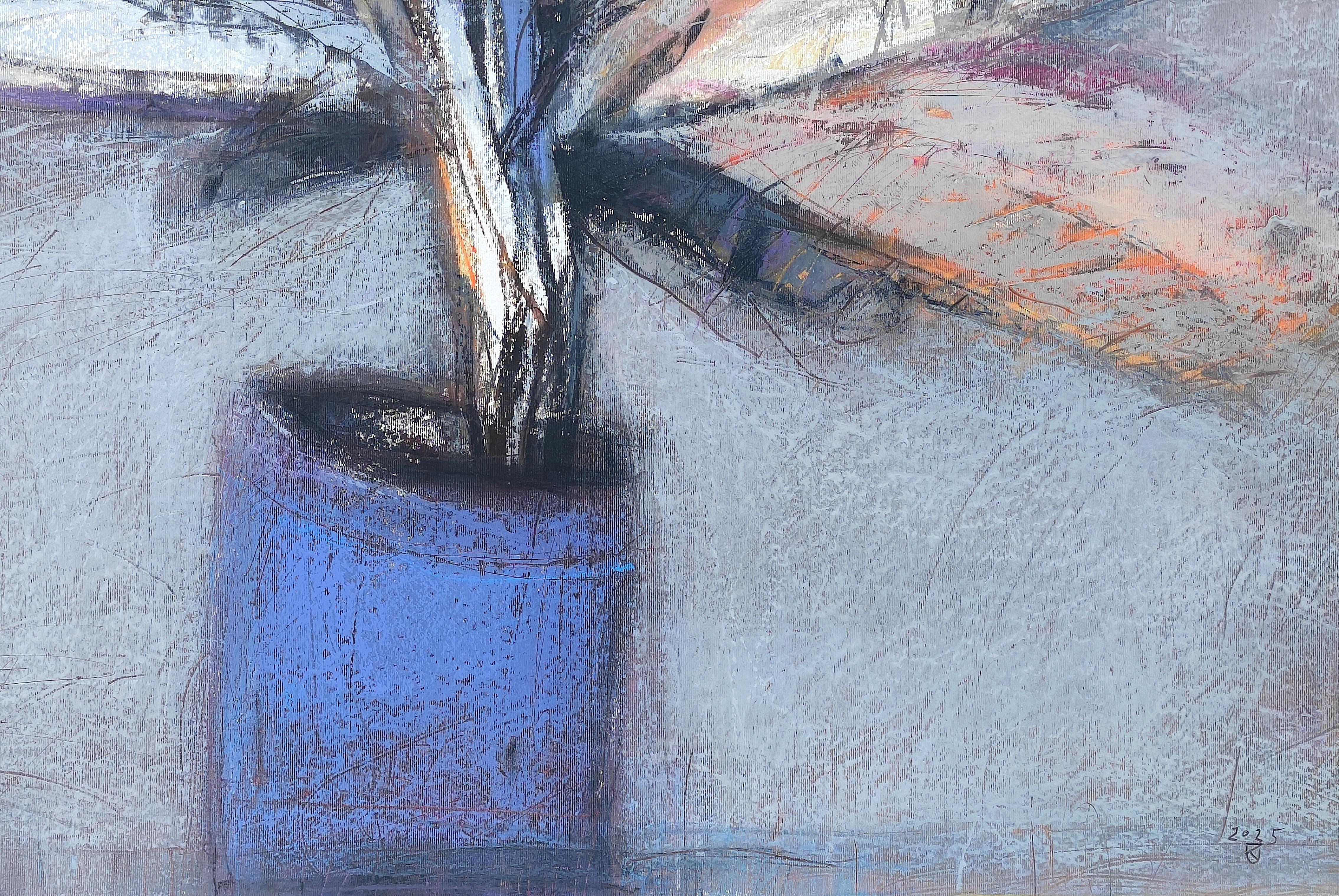 Ficus (Blau)  - Zeitgenössische Pflanzen-Ölpastellmalerei, leuchtende Farben – Painting von Janusz Kokot