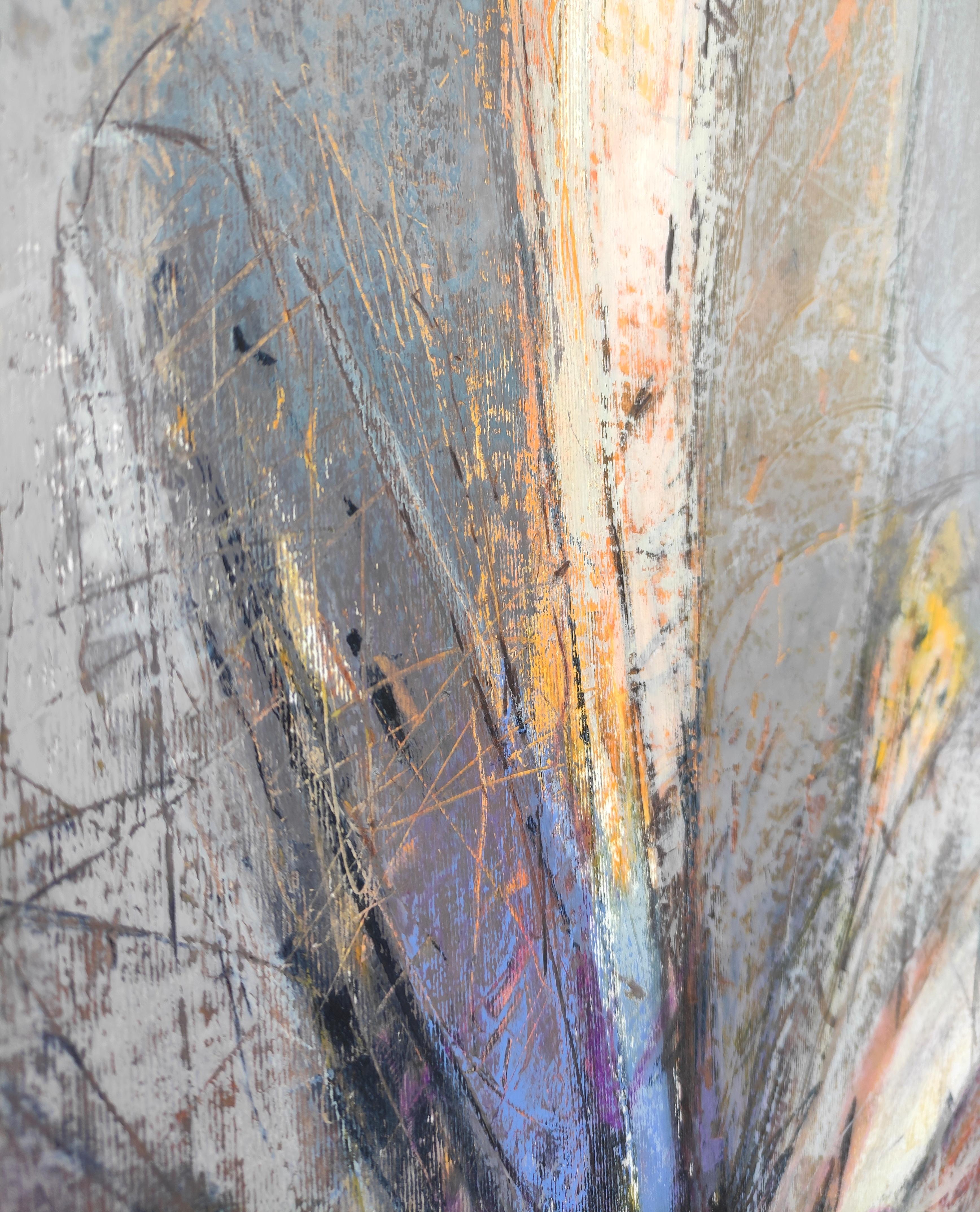 Ficus (Blau)  - Zeitgenössische Pflanzen-Ölpastellmalerei, leuchtende Farben (Grau), Figurative Painting, von Janusz Kokot
