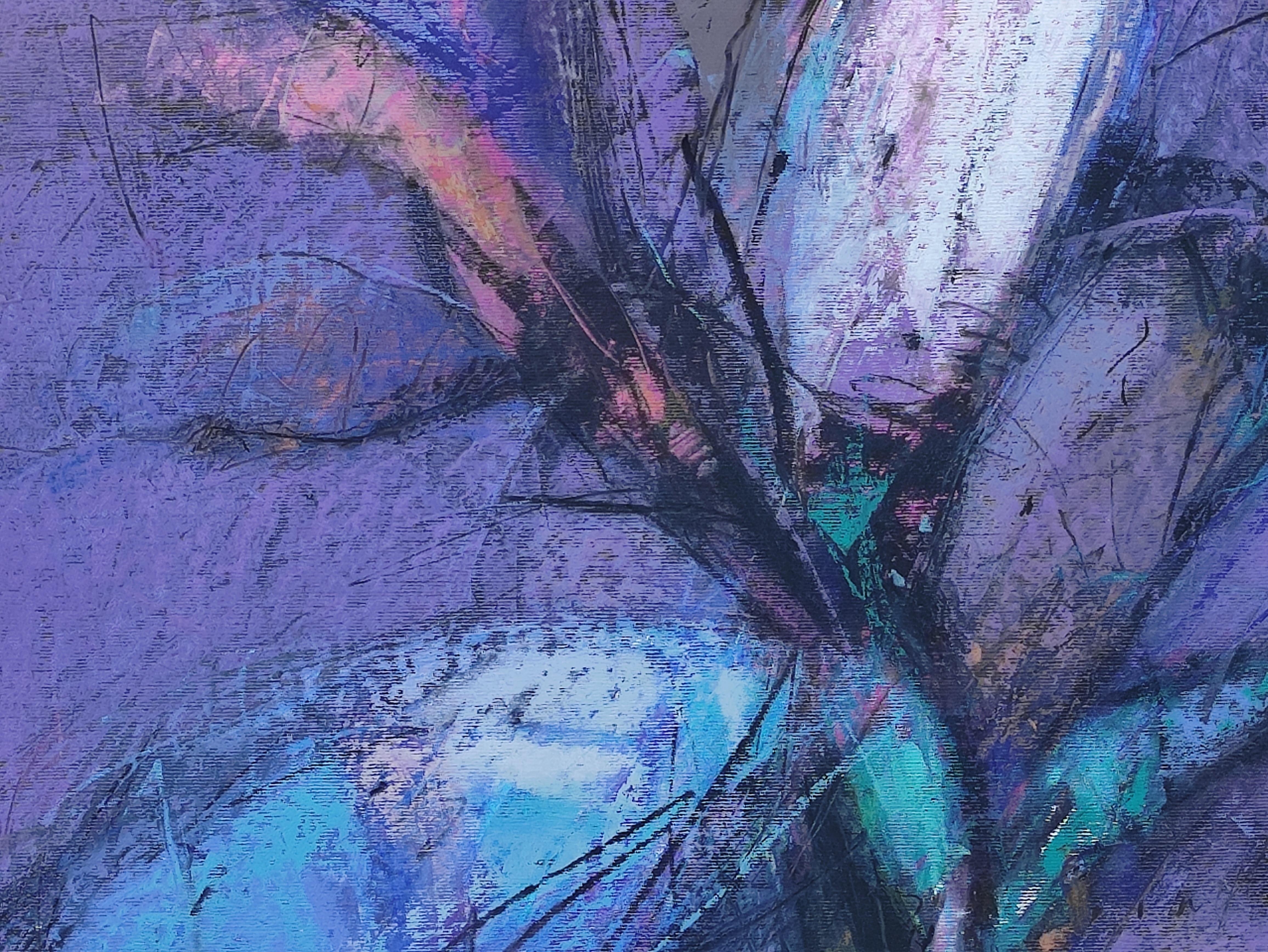 Ficus (Nacht)  - Zeitgenössische Pflanzen-Ölpastellmalerei, leuchtende Farben (Violett), Figurative Art, von Janusz Kokot