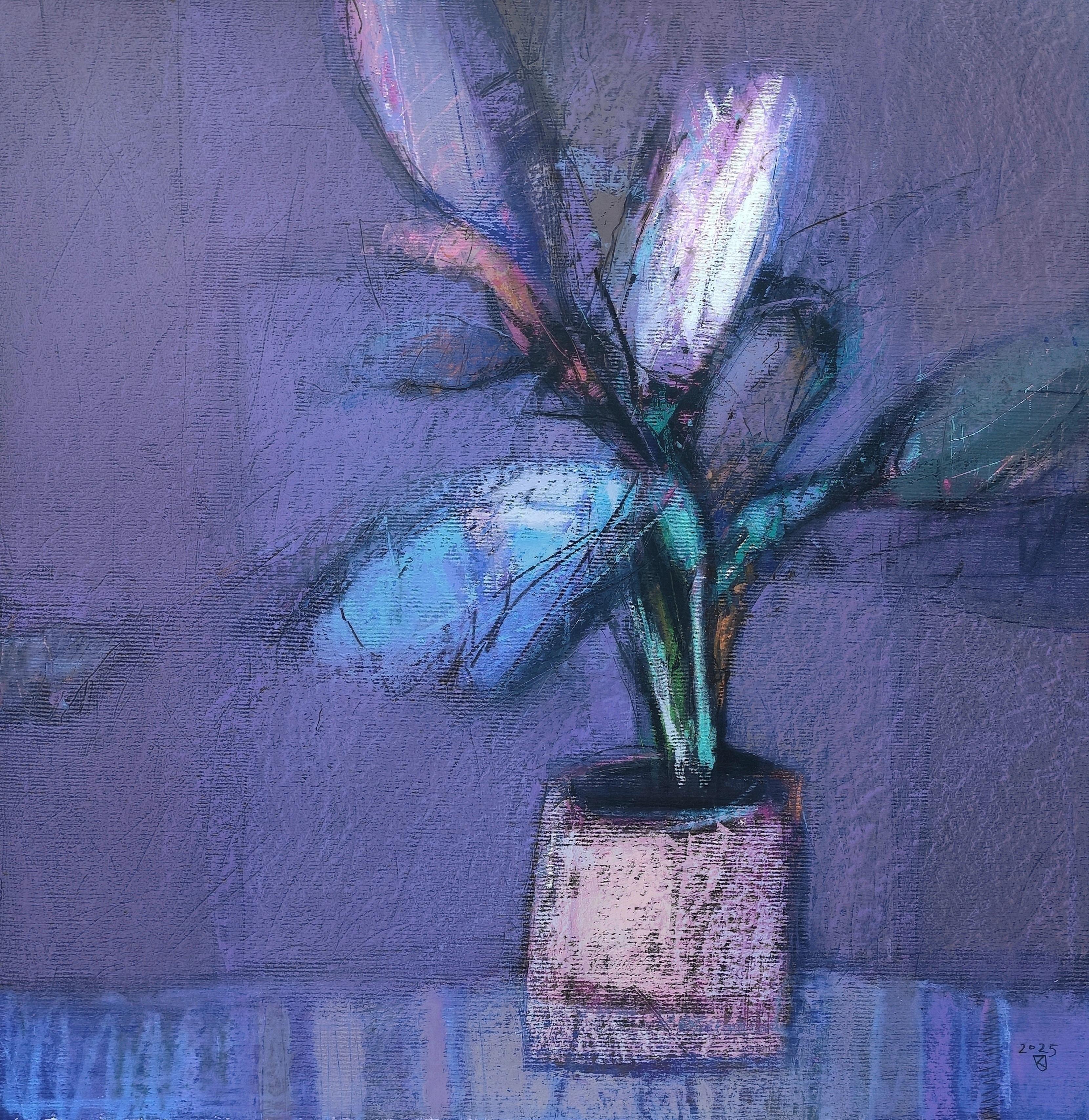 Ficus (Nacht)  - Zeitgenössische Pflanzen-Ölpastellmalerei, leuchtende Farben