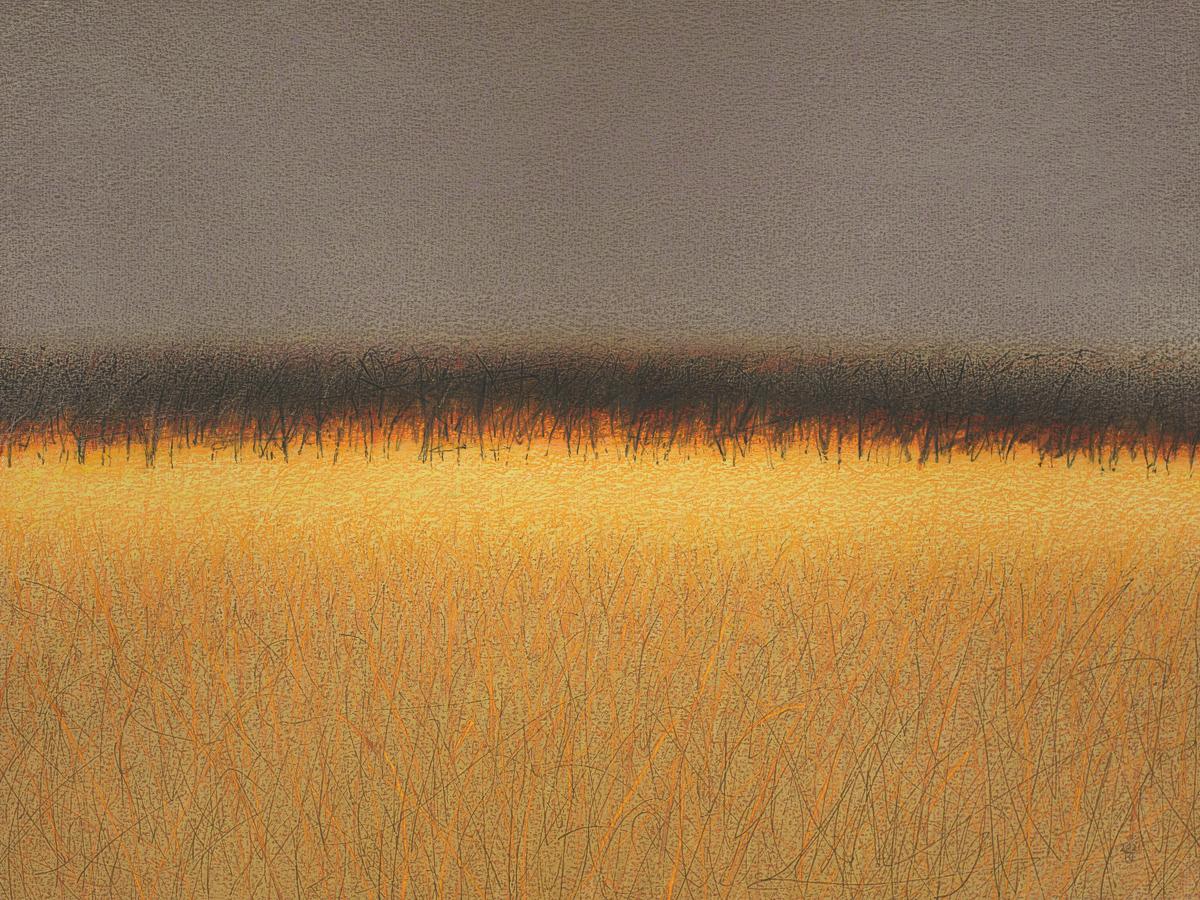 Janusz Kokot Landscape Art - Gold Savannah  - Contemporary Landscape Oil Pastel Painting