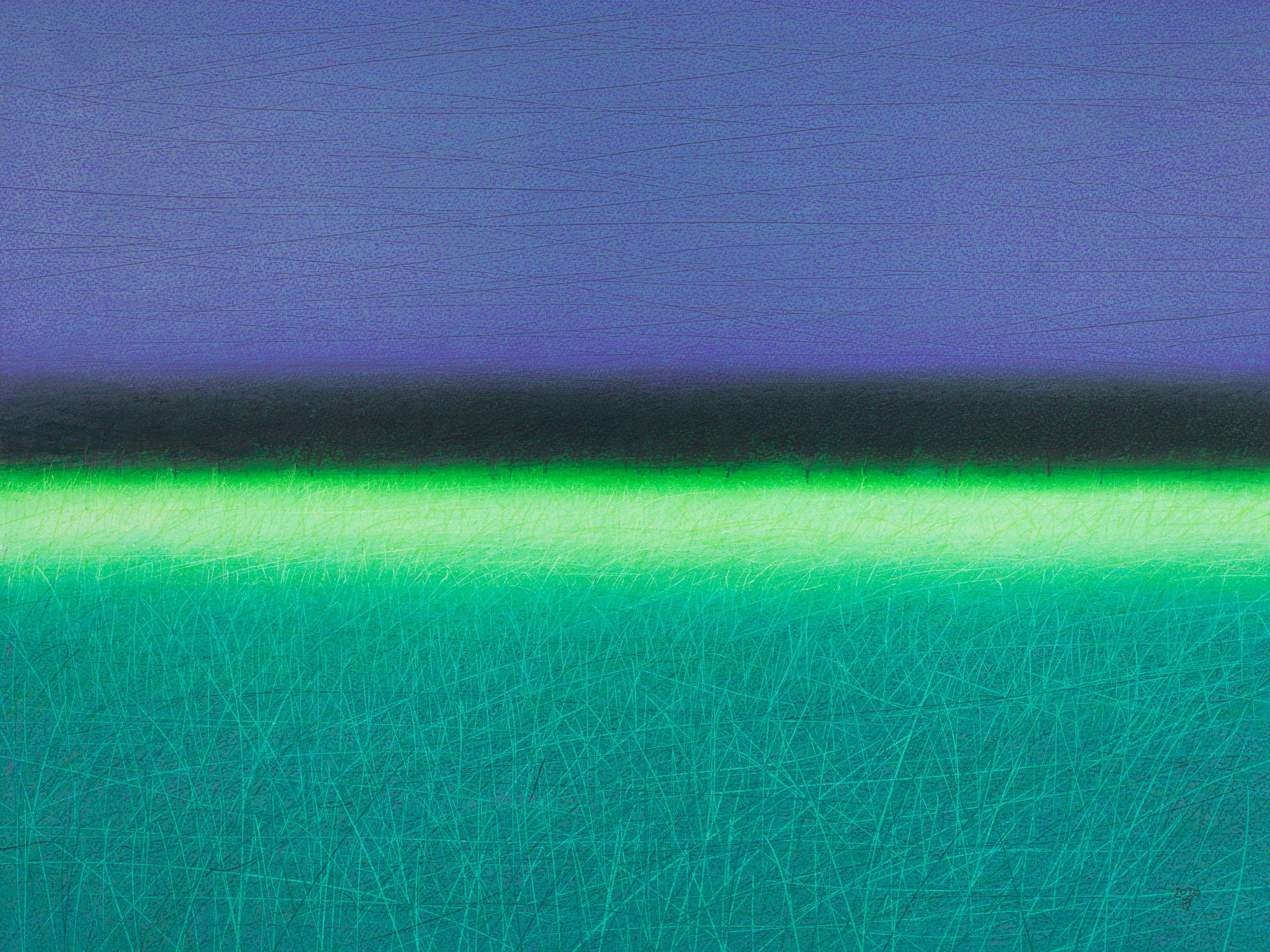 Janusz Kokot Landscape Painting - Green Savannah  - Contemporary Landscape  Oil Pastel  Painting