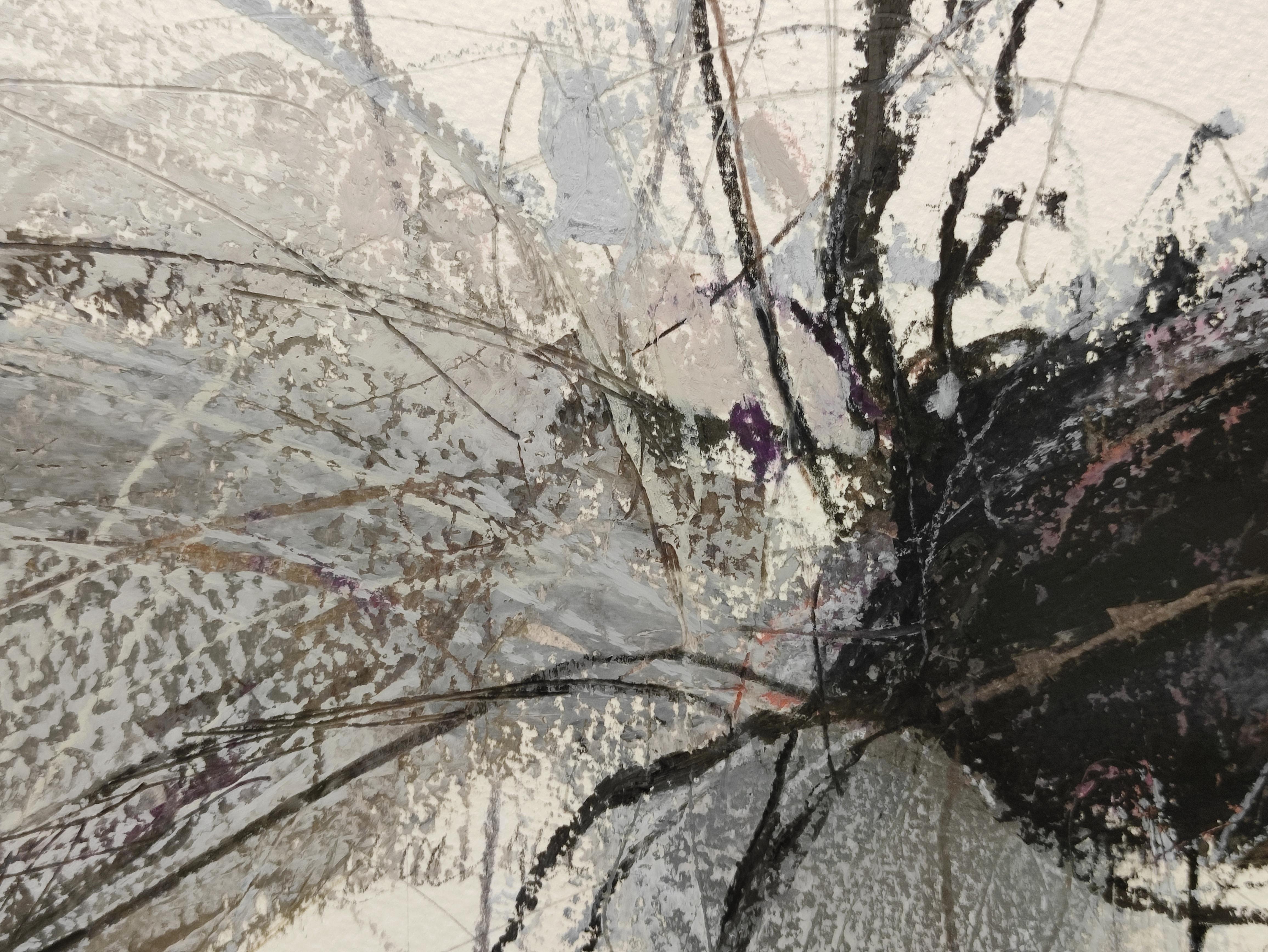 Ikebana 3 - Zeitgenössische Pflanzen und Blumen Ölpastellmalerei (Grau), Abstract Drawing, von Janusz Kokot