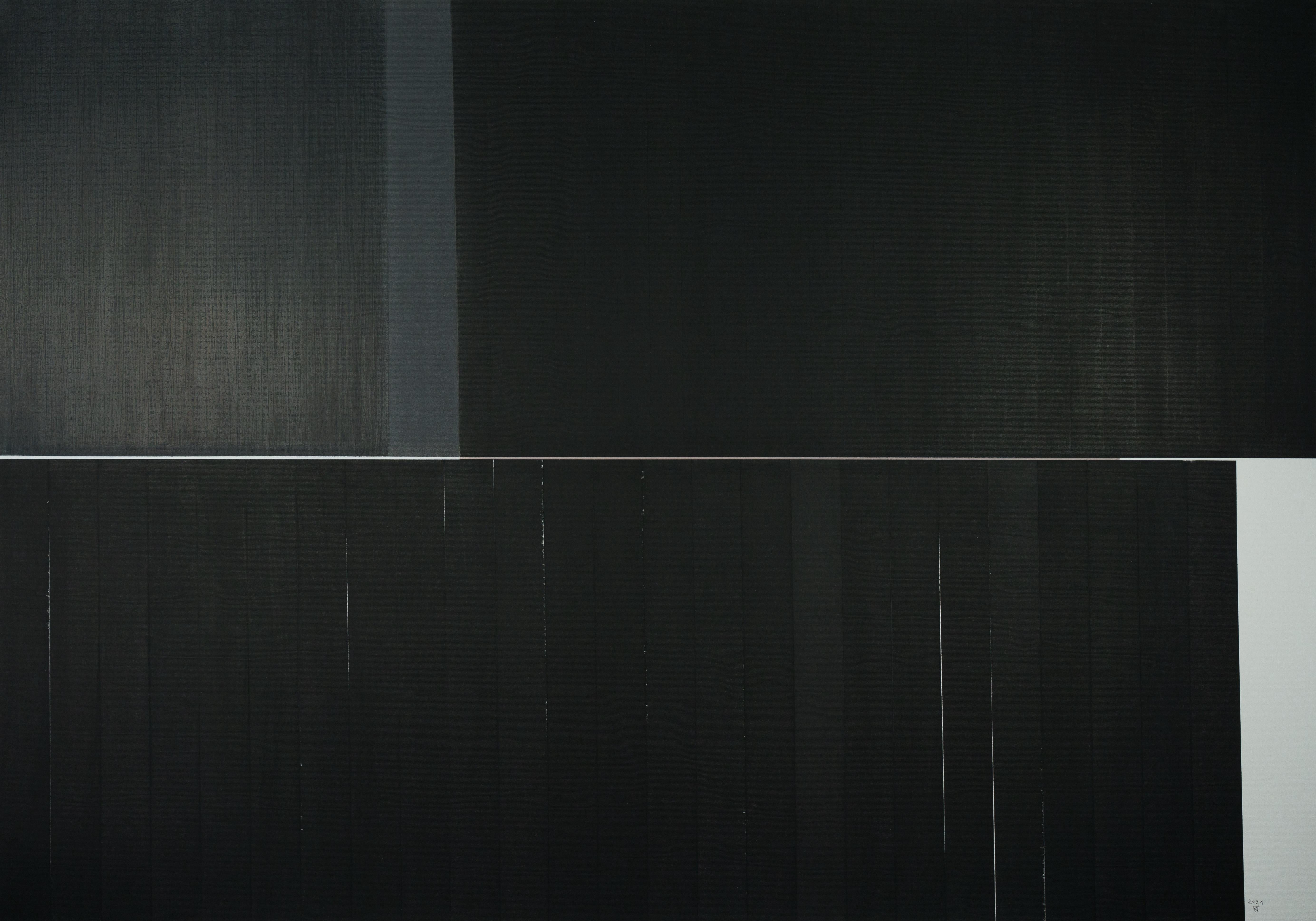 Abstract Painting Janusz Kokot - NOIR - Peinture à l'huile abstraite minimaliste contemporaine et expressionniste - Cadre
