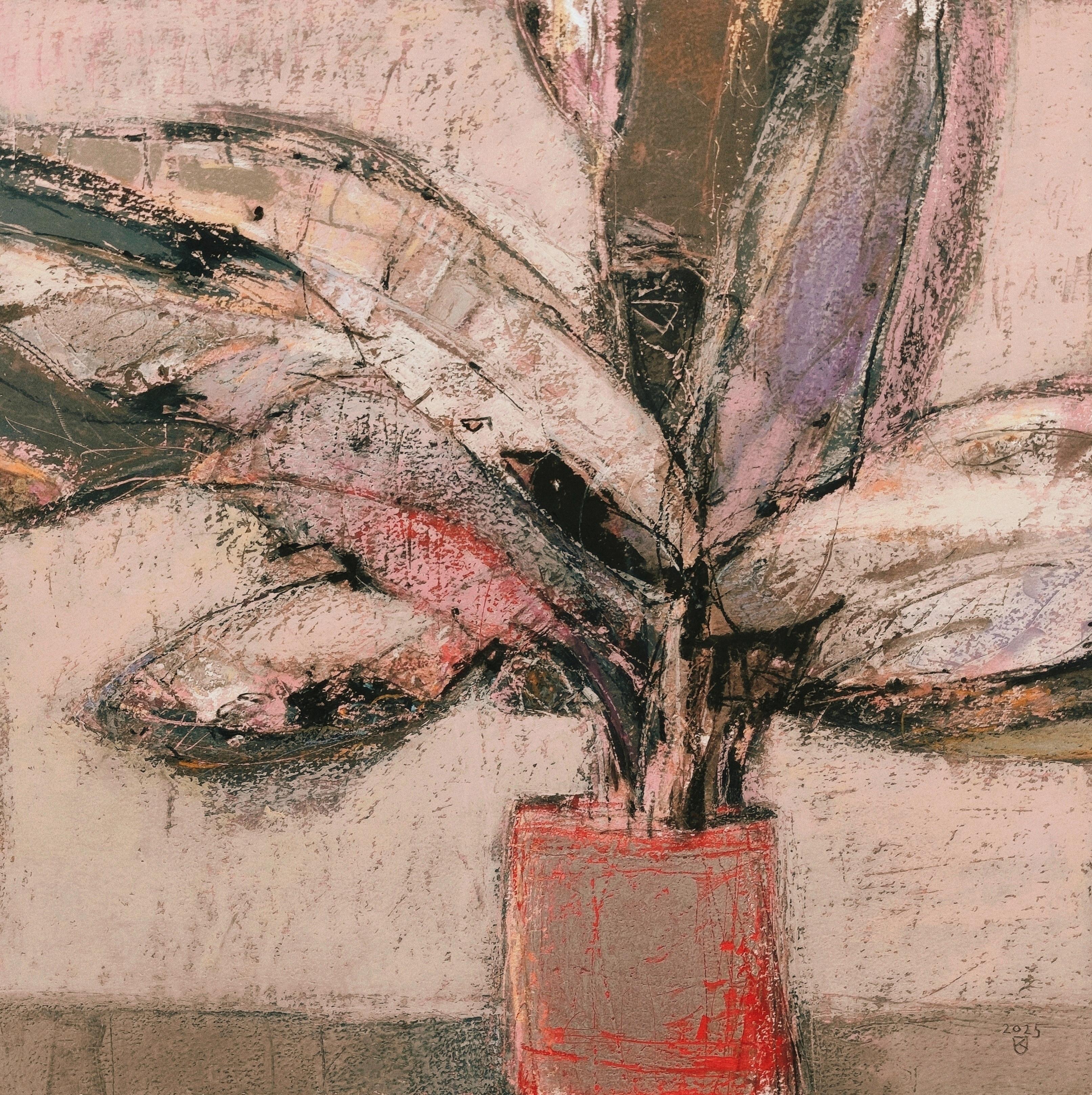 Pink Croton - Zeitgenössische Pflanzen und Blumen Ölpastellgemälde