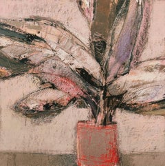 Pink Croton - Contemporary Plants and Flowers Oil Pastel Painting