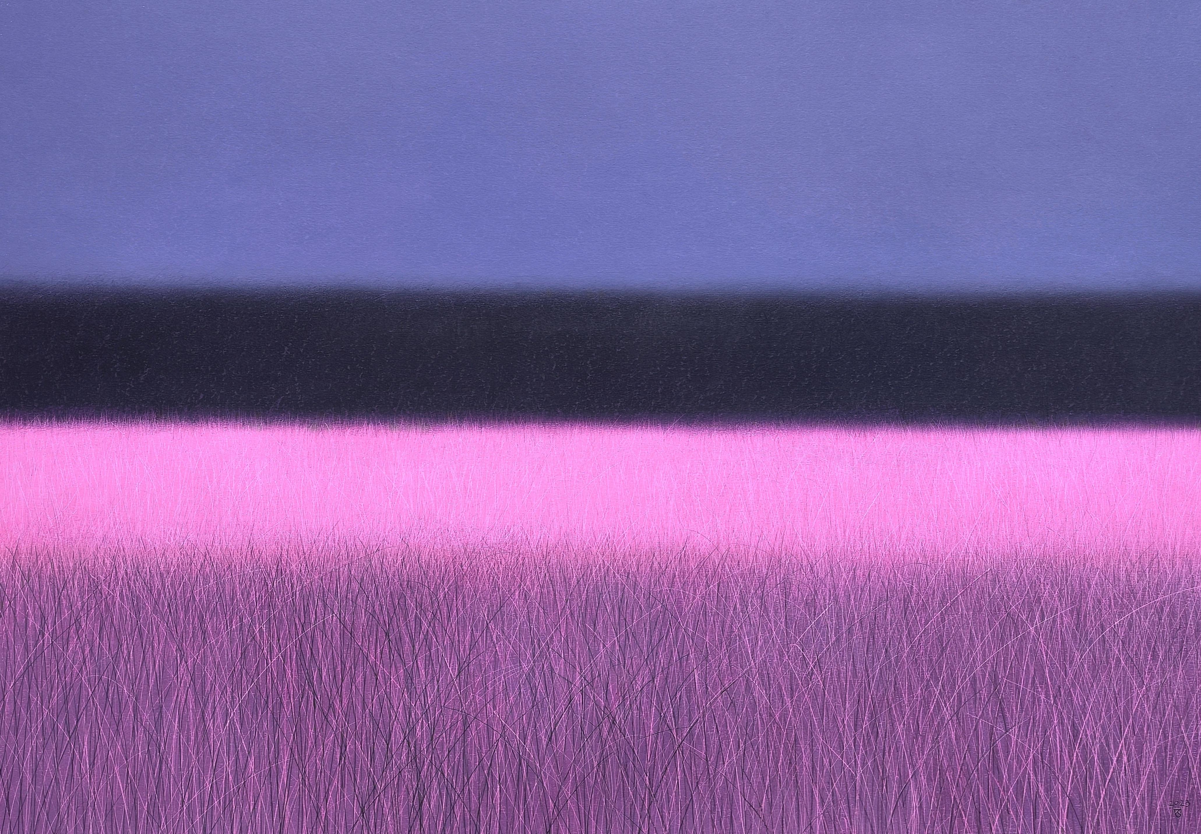 Pink Savannah  - Contemporary Landscape Oil Pastel Painting, Vibrant Colors For Sale 2