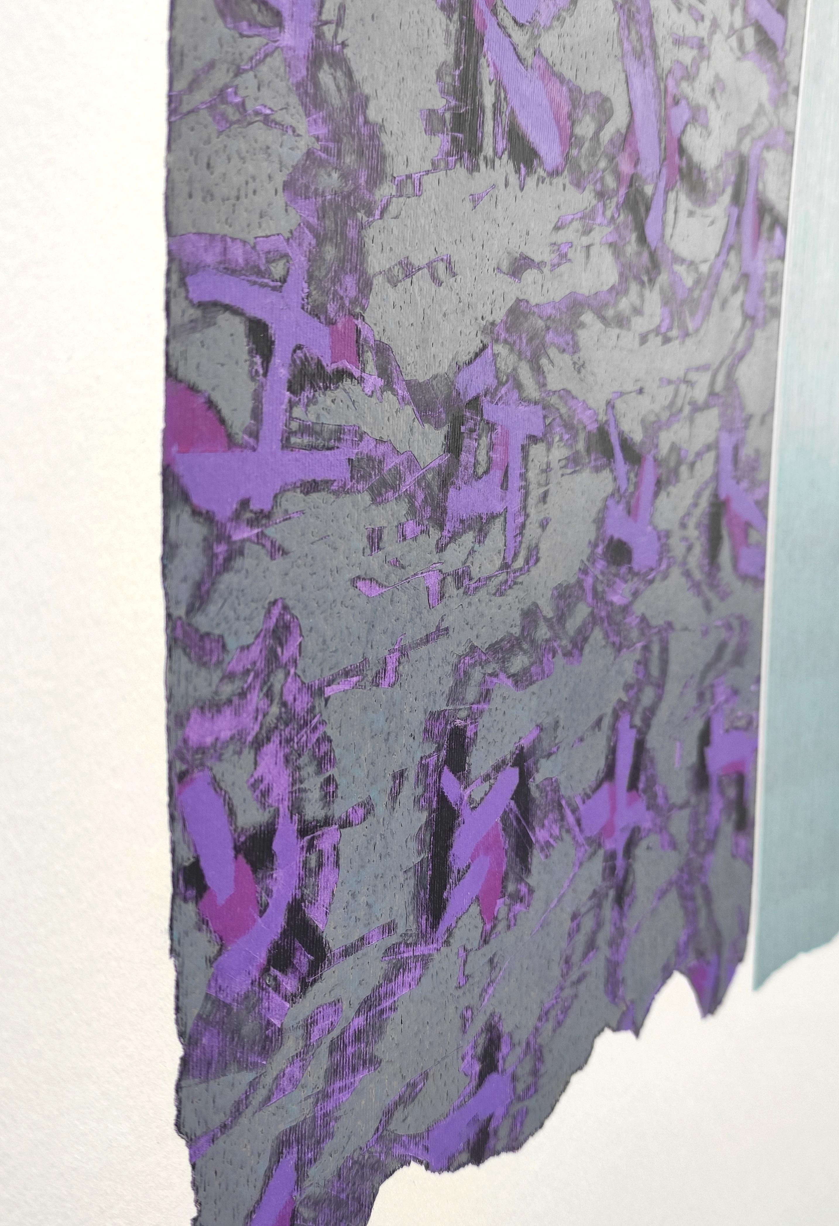 Moucherolle violet - Peinture abstraite contemporaine expressive au pastel à l'huile en vente 2