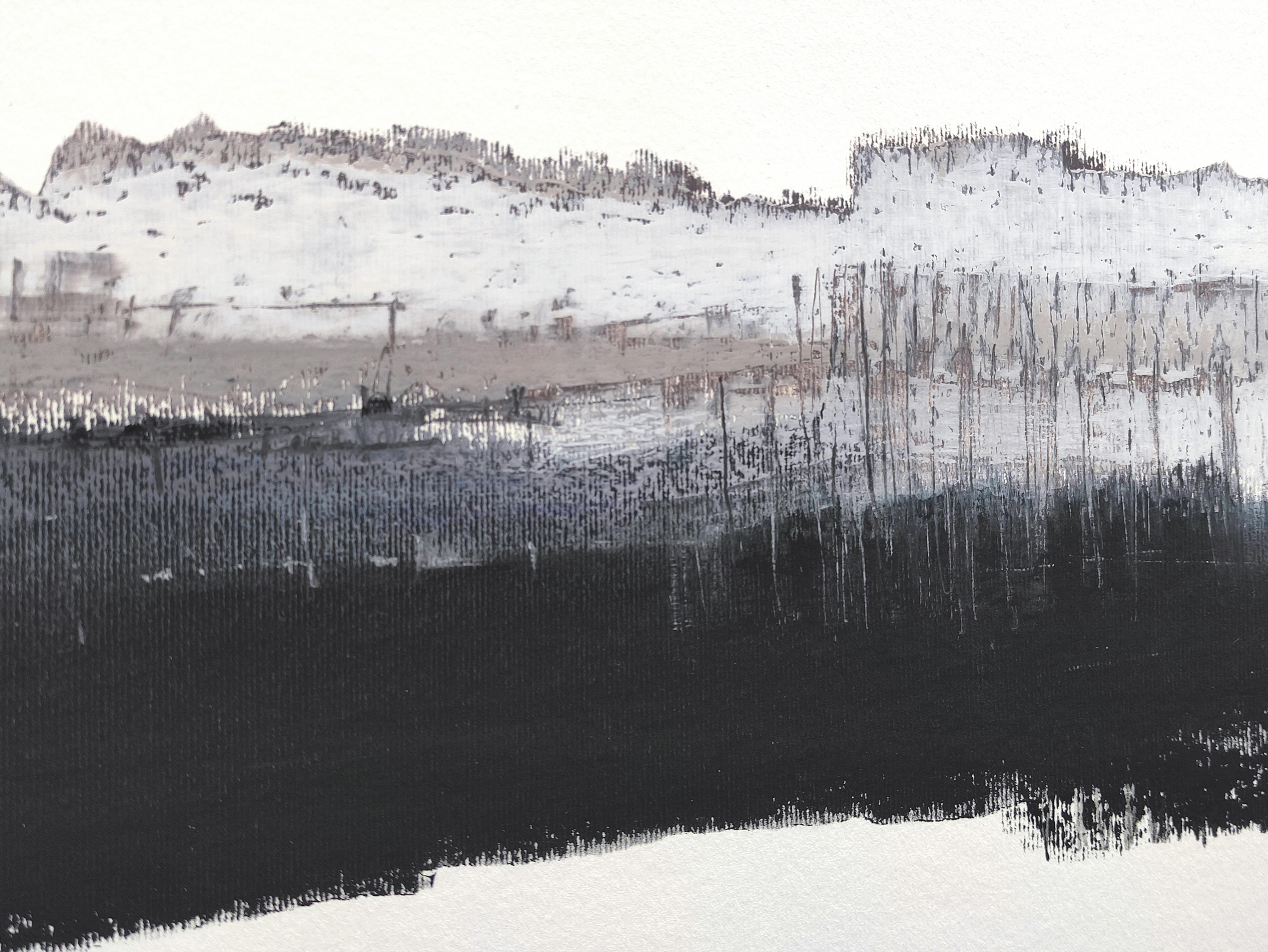 Tres estanques  - Paisaje expresivo contemporáneo Pintura al óleo Pastel - Abstract Painting Gris de Janusz Kokot