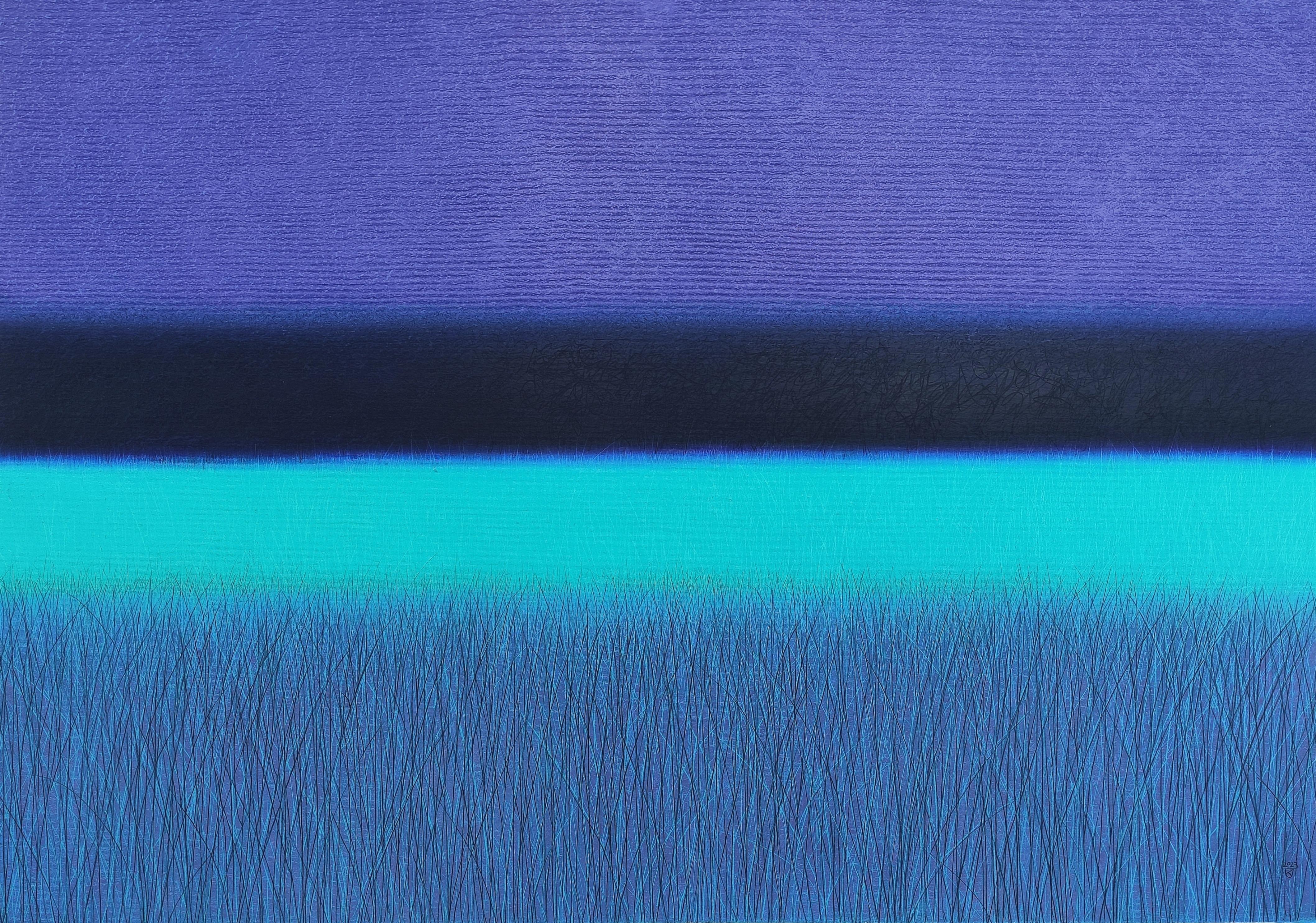 Turquoise Savannah  - Contemporary Landscape Oil Pastel Painting, Vibrant Colors