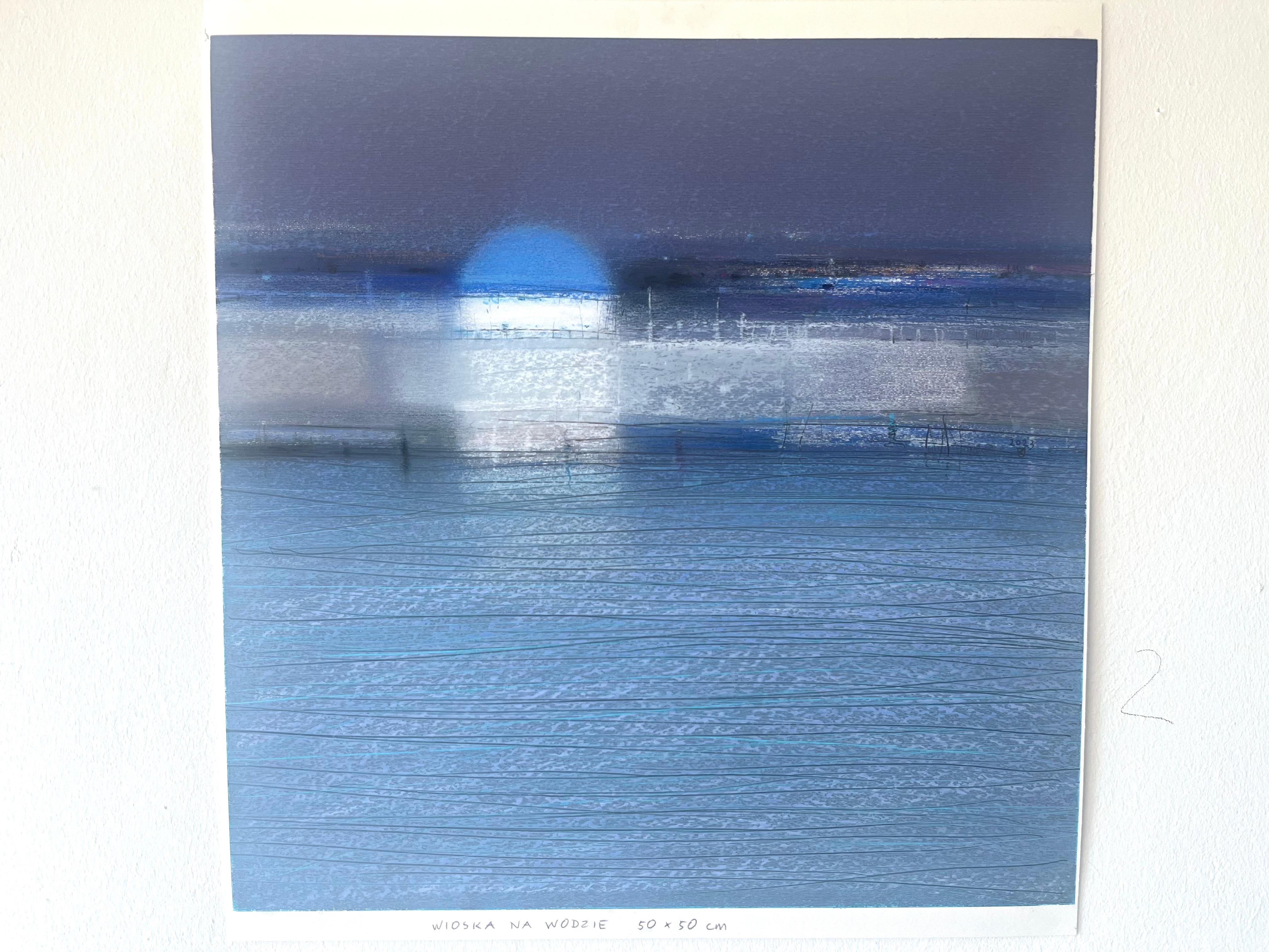 VILLAGE ON THE WATER - Moderne Nature Ölpastellmalerei, Blautöne, Light  (Zeitgenössisch), Painting, von Janusz Kokot
