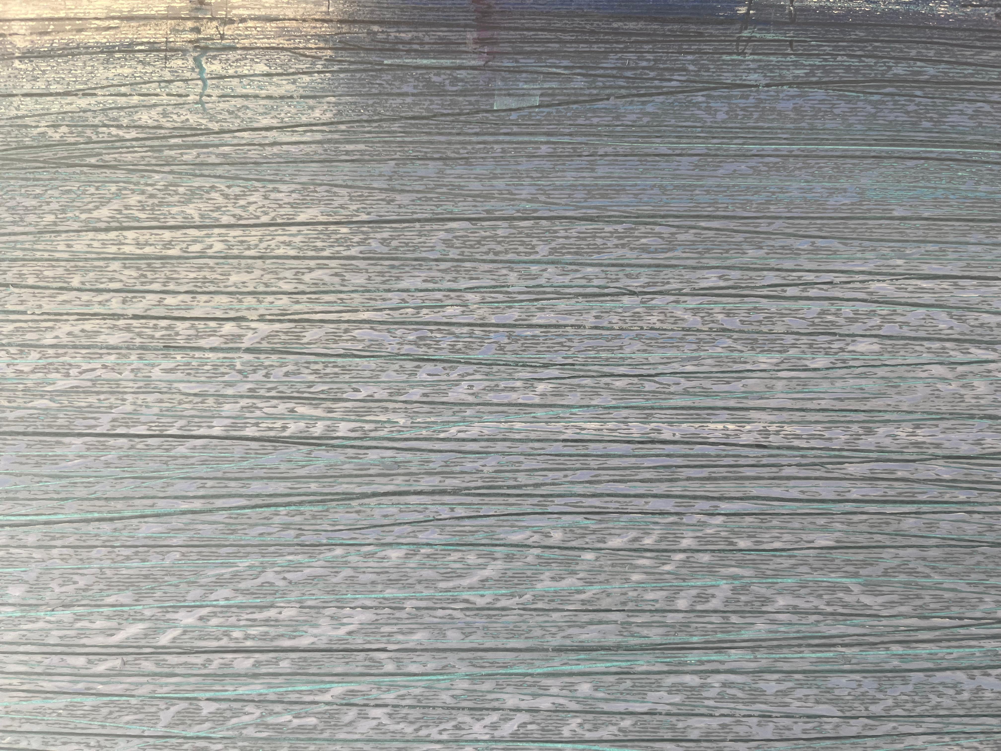 VILLAGE ON THE WATER - Moderne Nature Ölpastellmalerei, Blautöne, Light  im Angebot 1