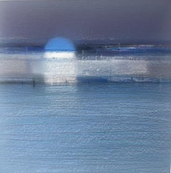 VILLAGE SUR L'EAU - Peinture moderne au pastel à l'huile sur la nature, tons bleus, Light 