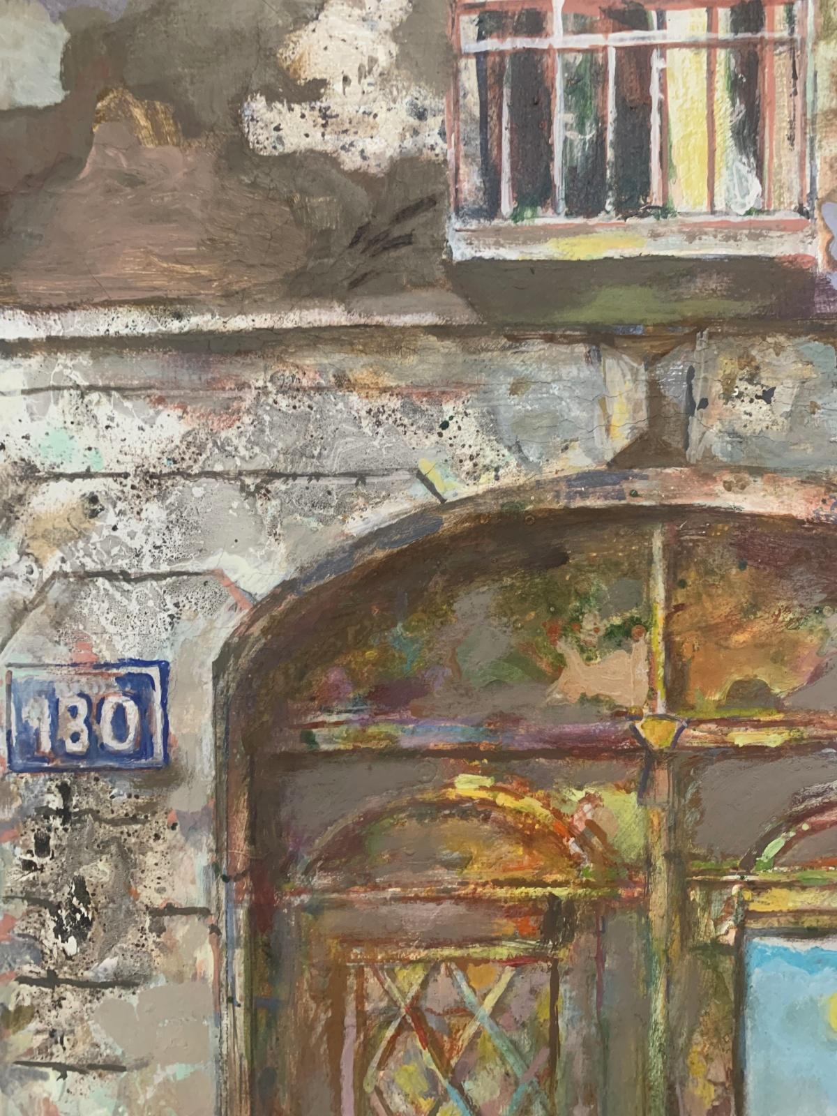 Un patio. Pintura figurativa contemporánea al óleo y acrílica, Arquitectura, Arte polaco - Landscape Painting Gris de Janusz Mulak