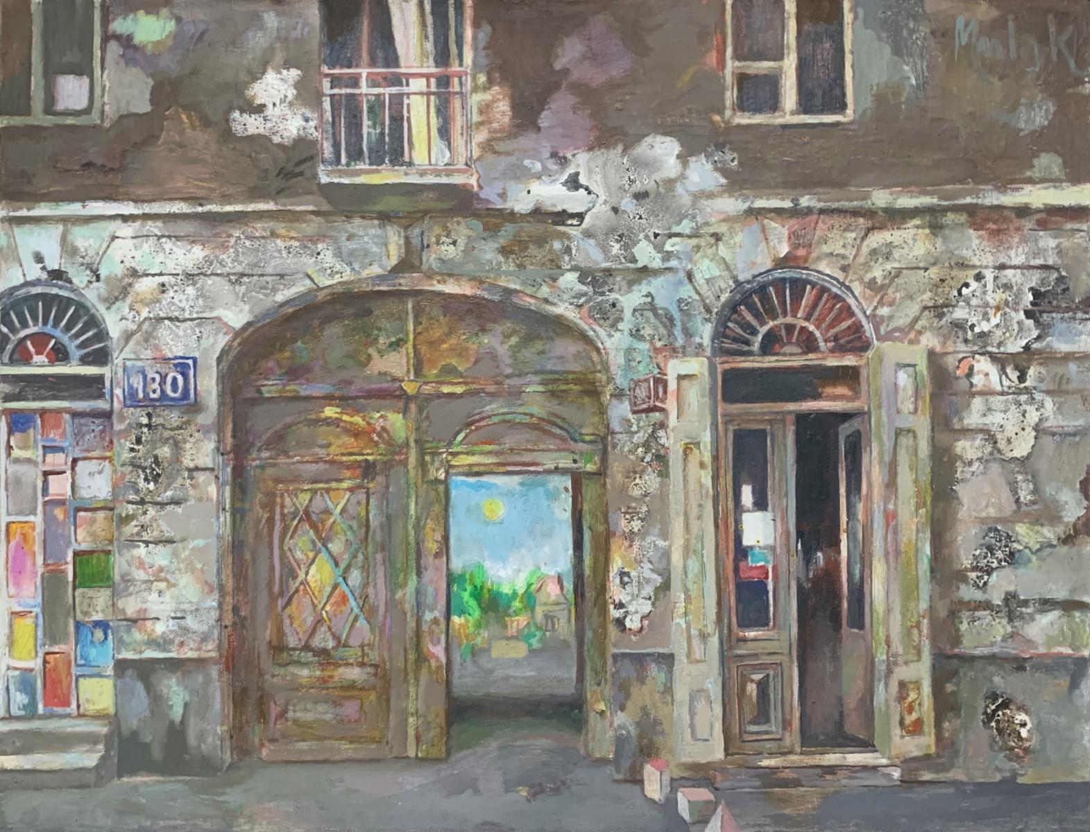 Un cortile. Pittura figurativa contemporanea ad olio e acrilico, Architettura, Arte polacca