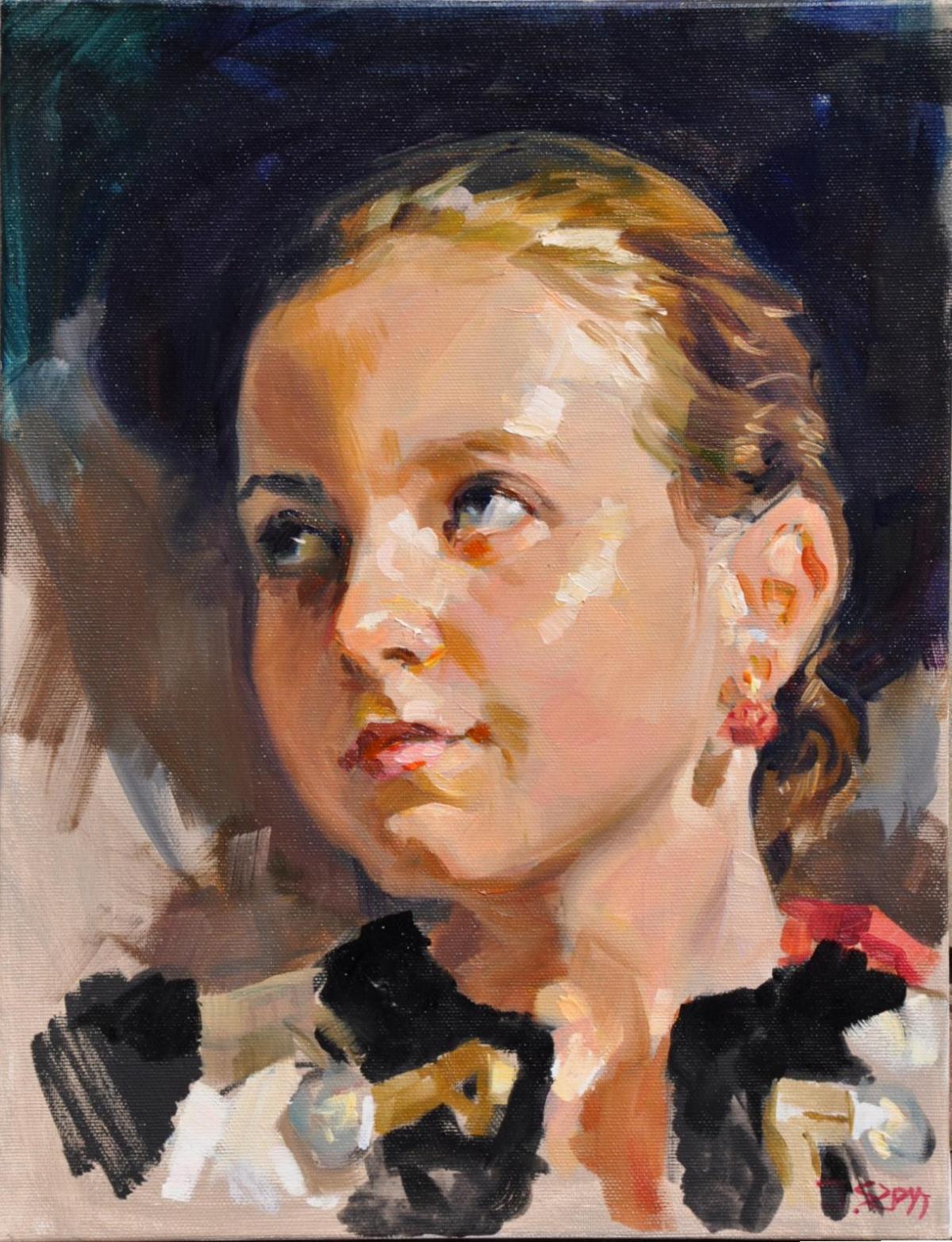 Figurative Painting de Janusz Szpyt - Una chica de la montaña - Siglo 21, Retrato Contemporáneo Pintura al Óleo, Realista