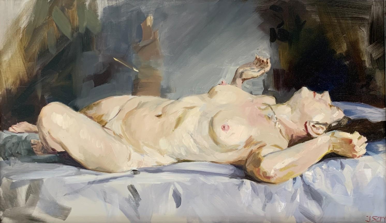 Nude Painting Janusz Szpyt - Un collier - Peinture à l'huile d'un portrait de femme nue, réaliste, artiste polonaise