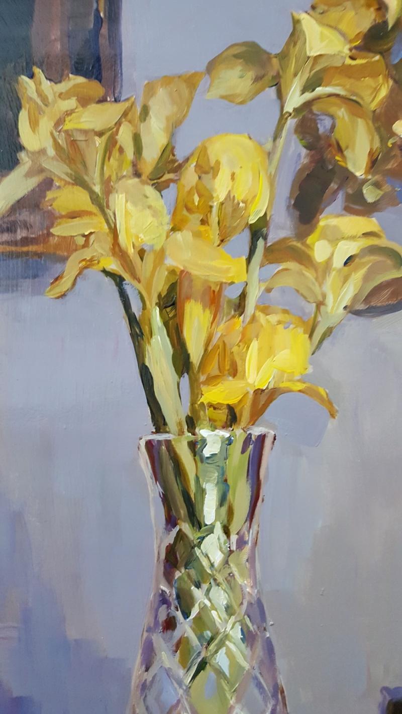 Irises. Floral still life acrylic painting, Classic, Realistic, Polish artist - Painting by Janusz Szpyt