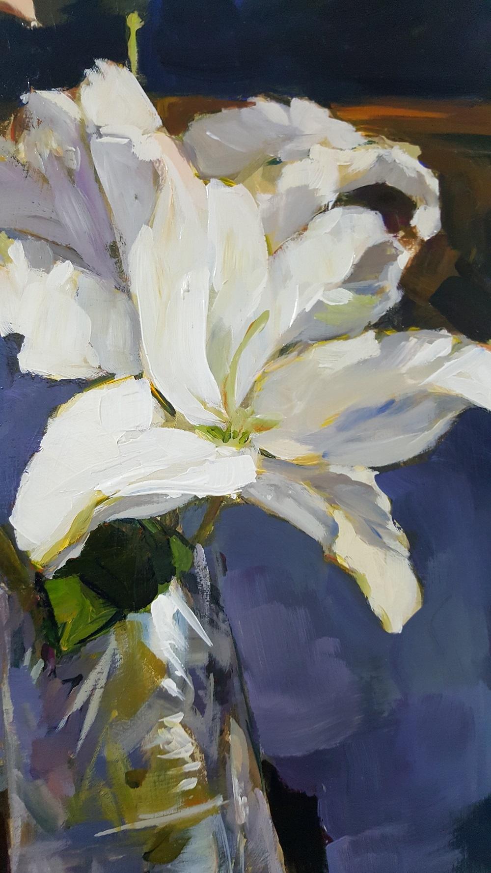 Lilies. Floral still life acrylic painting, Classic, Realistic, Polish artist - Painting by Janusz Szpyt