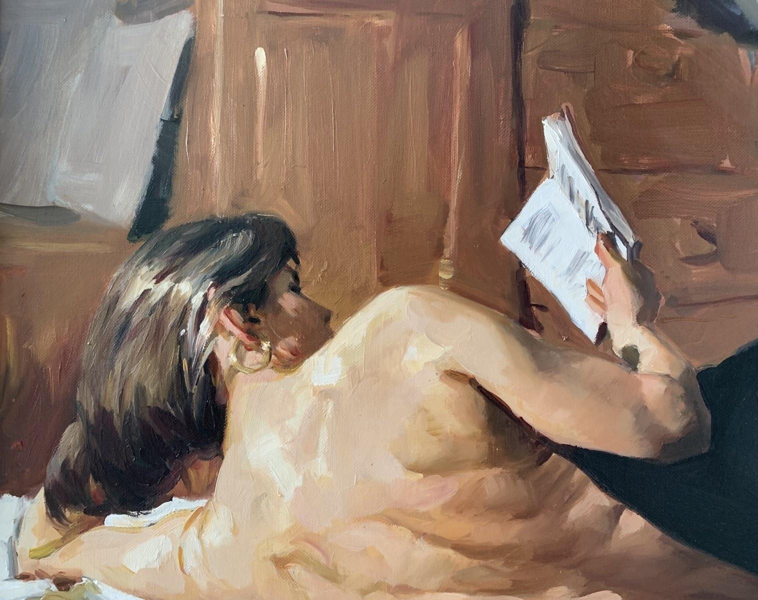 Reading - Peinture à l'huile d'un portrait de femme nue, réaliste, artiste polonaise - Painting de Janusz Szpyt