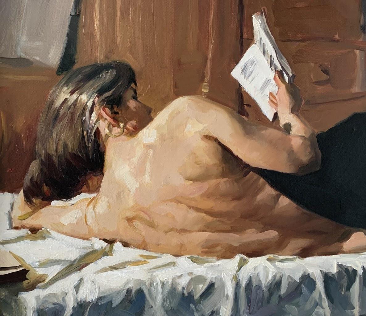 Lese – Aktporträt, Ölgemälde, realistisch, polnische Künstlerin (Realismus), Painting, von Janusz Szpyt